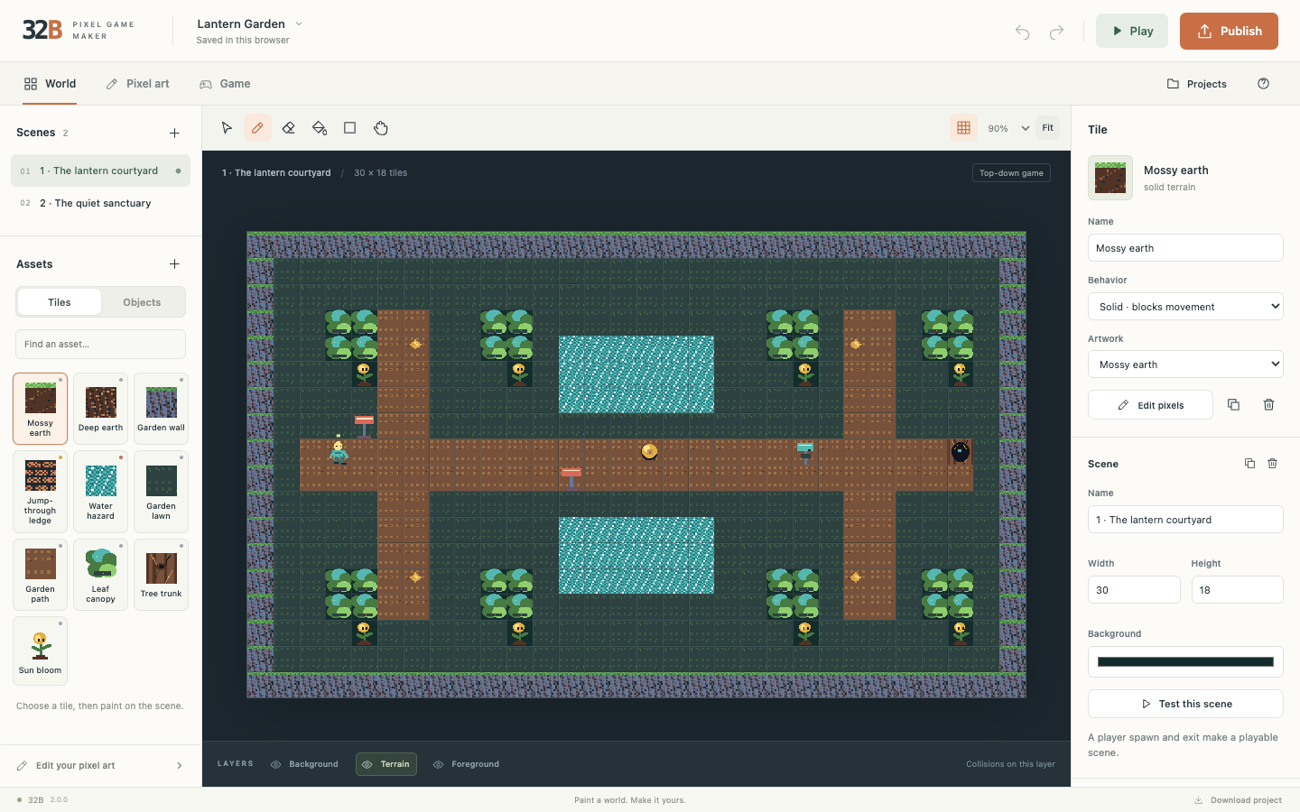 32B Pixel Studio game editor with tools for drawing sprites and building playable worlds