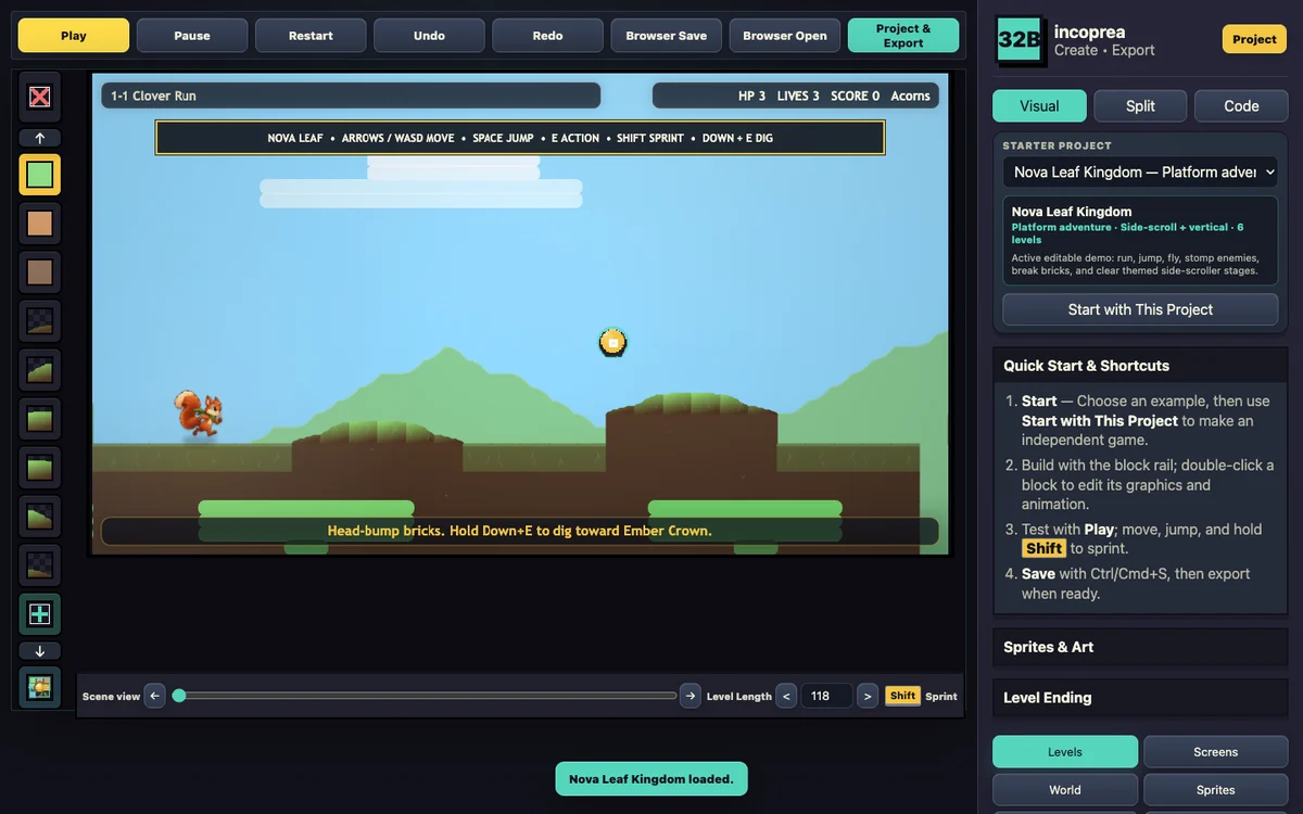 32B Game Maker v1.2 editing a polished side-scrolling game with clean illustrated sprites, layered scenery and visible parallax controls