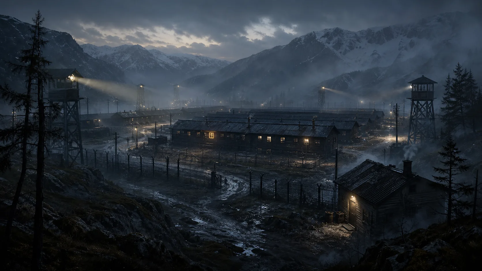 Coldwire Camp in a cold river valley at dusk