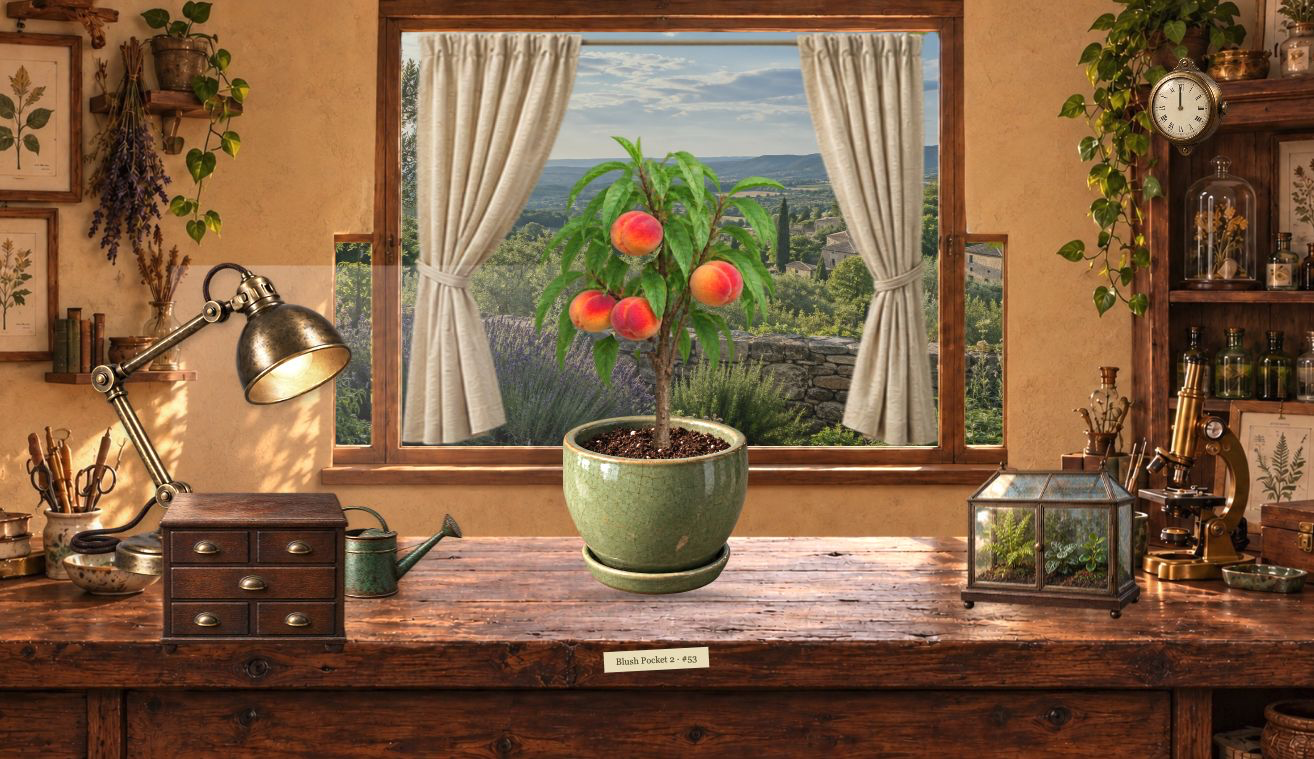Horticulture’s photographic workbench with a fruiting peach tree, seed drawer, brass clock, greenhouse, and layered outdoor view