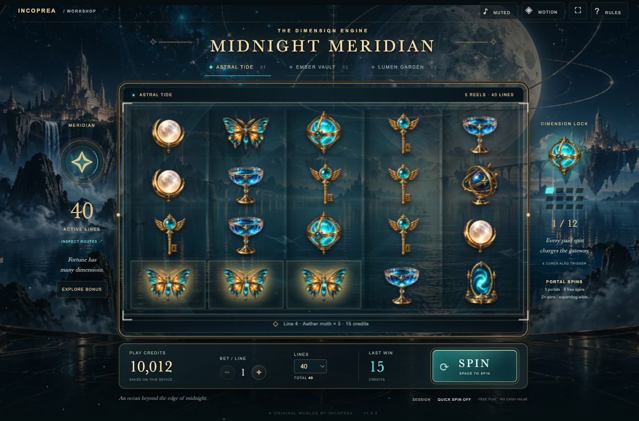 Midnight Meridian, an illuminated casino machine set among fantastical worlds