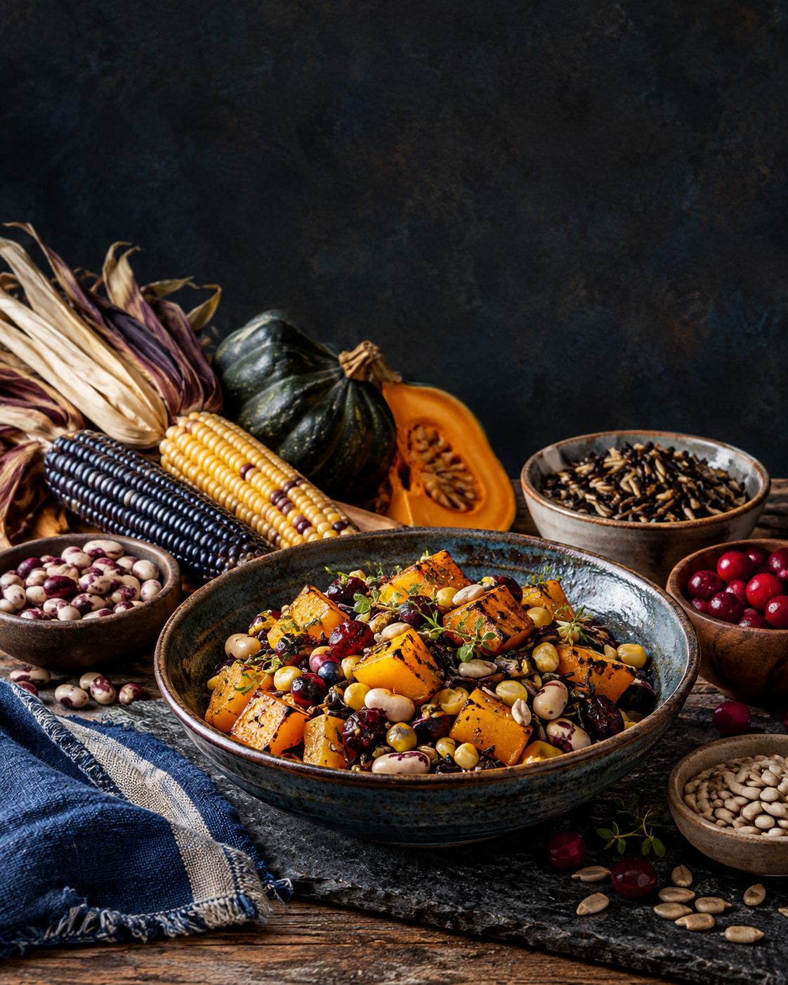 Corn, beans, squash and a finished bowl arranged on a dark kitchen table