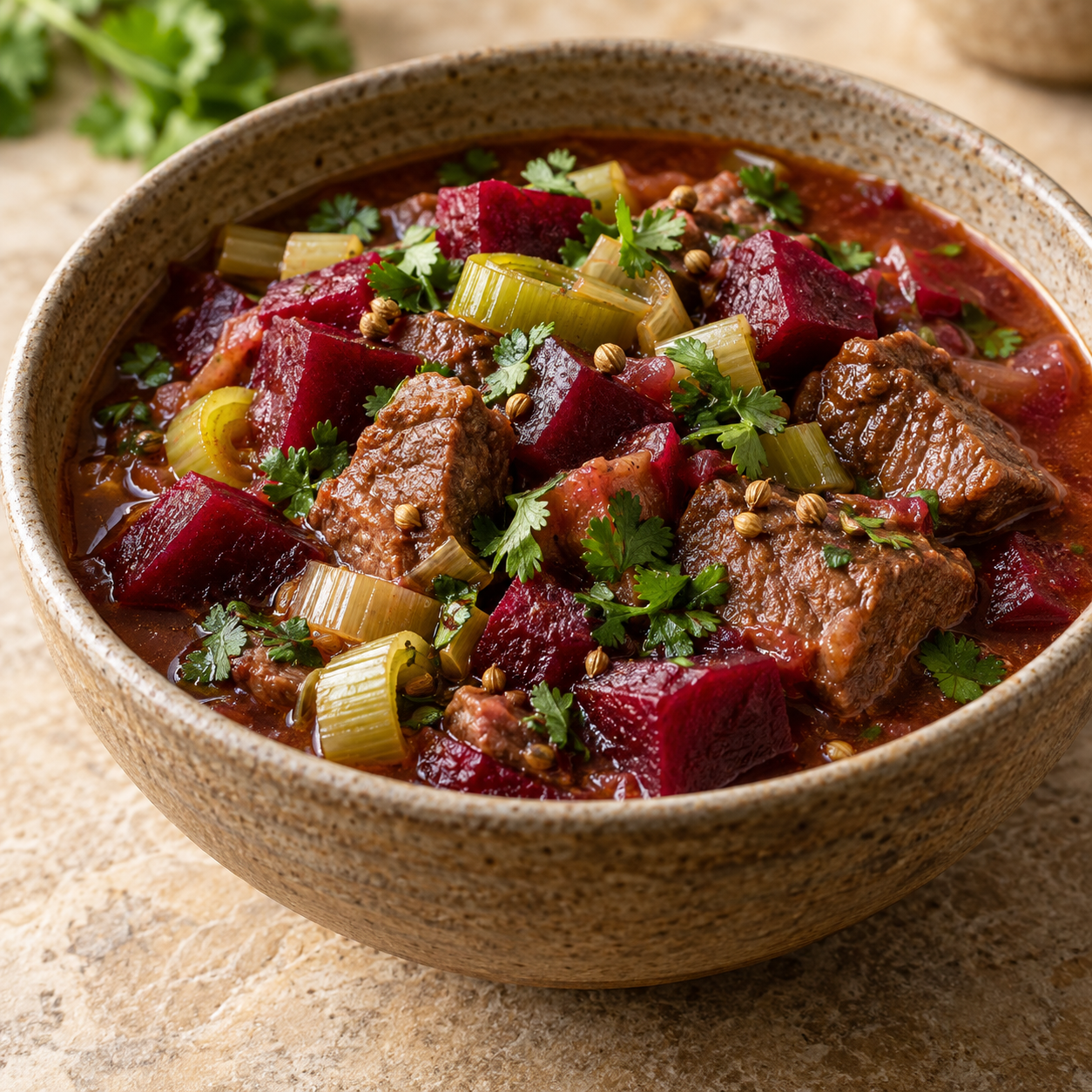 A deep red lamb and beet stew inspired by an Old Babylonian recipe
