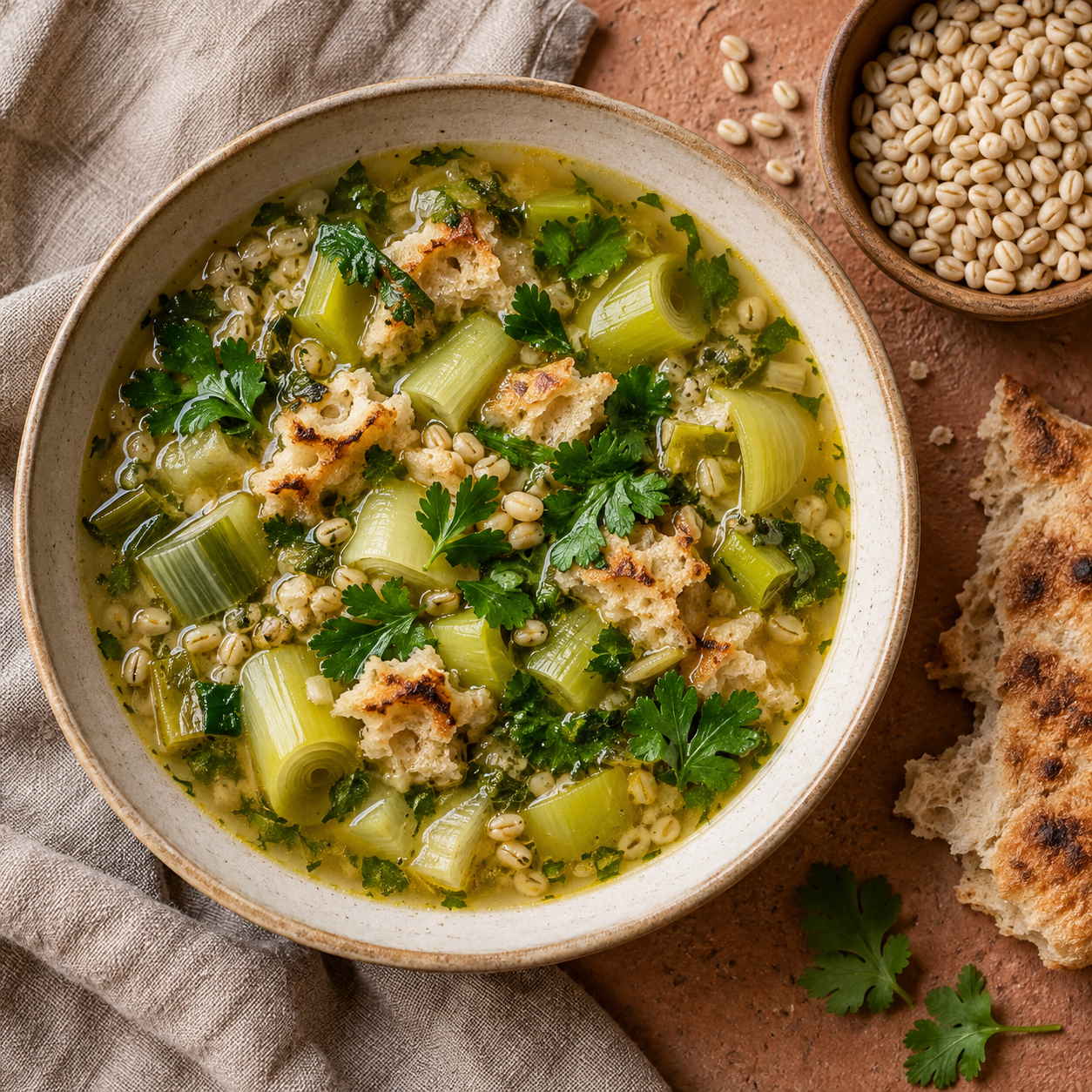 Pale leek soup scattered with coriander and softening toasted bread.
