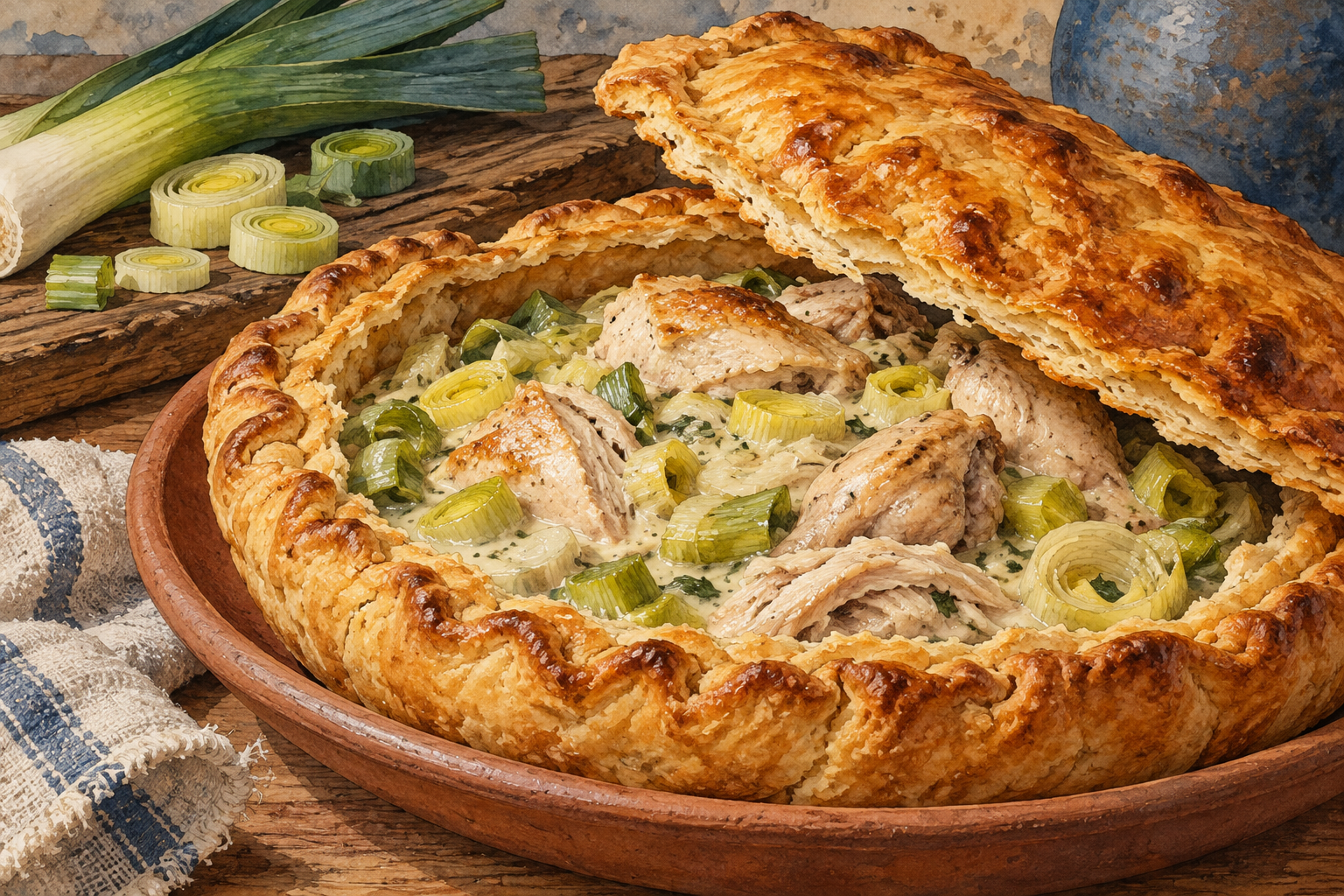 Lifted golden dough lid reveals cooked poultry and leeks in a pale sauce.