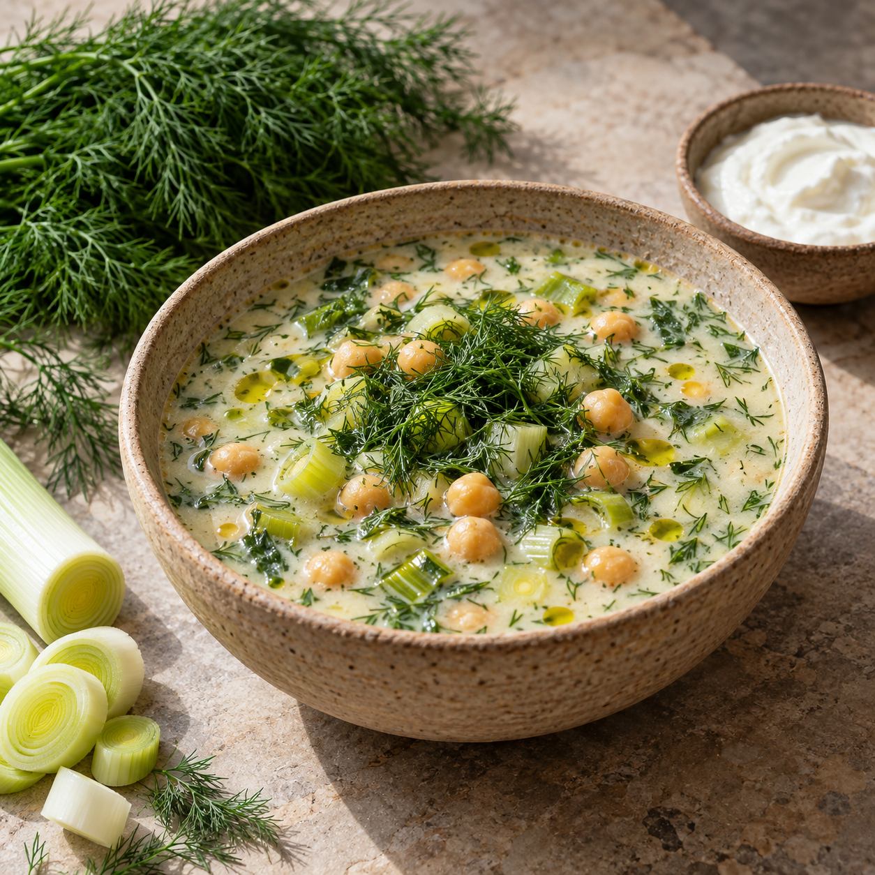 Pale yogurt broth with dill and chickpeas beside a bunch of fresh dill.