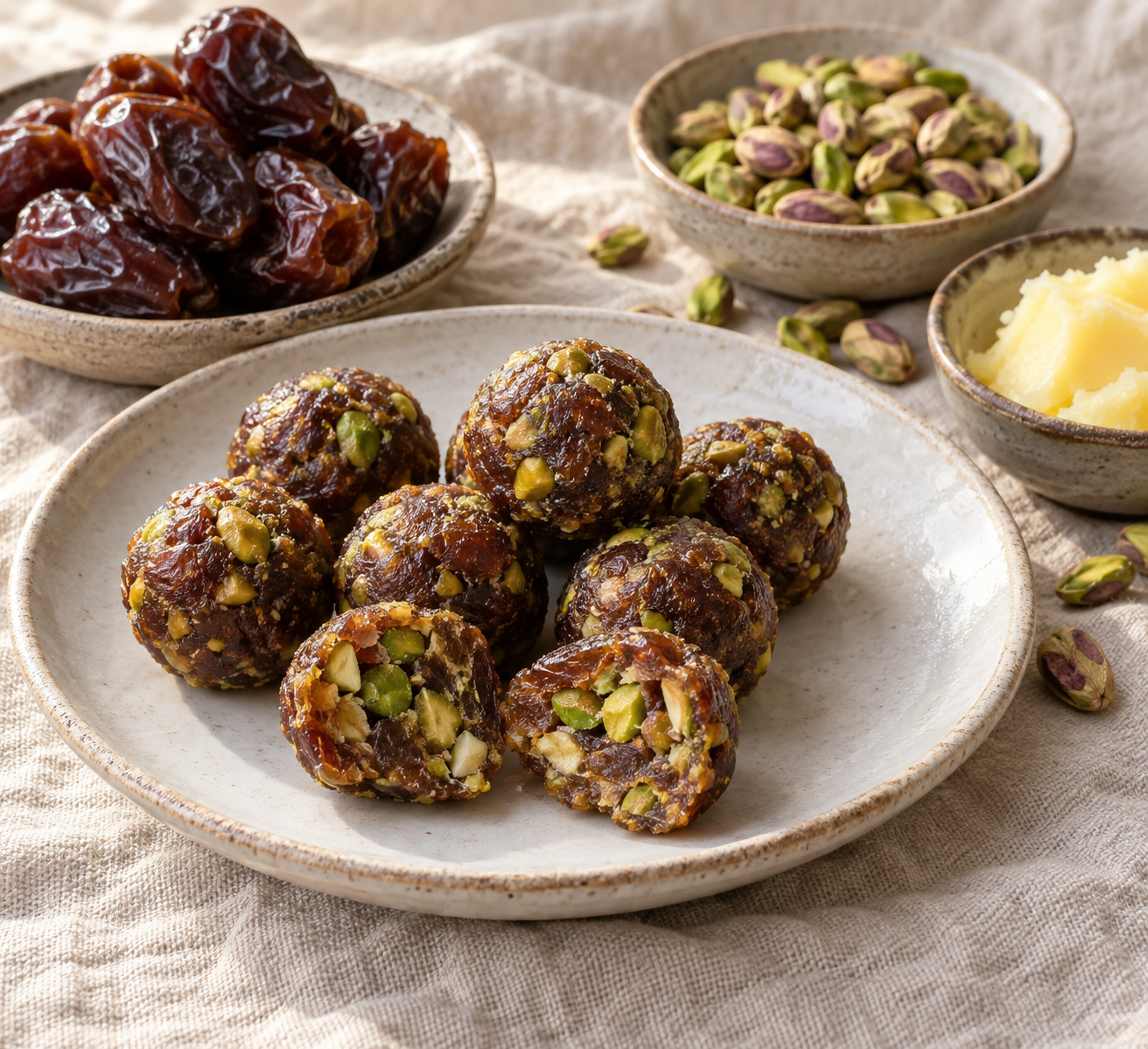 Small date-paste sweets dotted with pistachios, with dates and shelled nuts alongside.