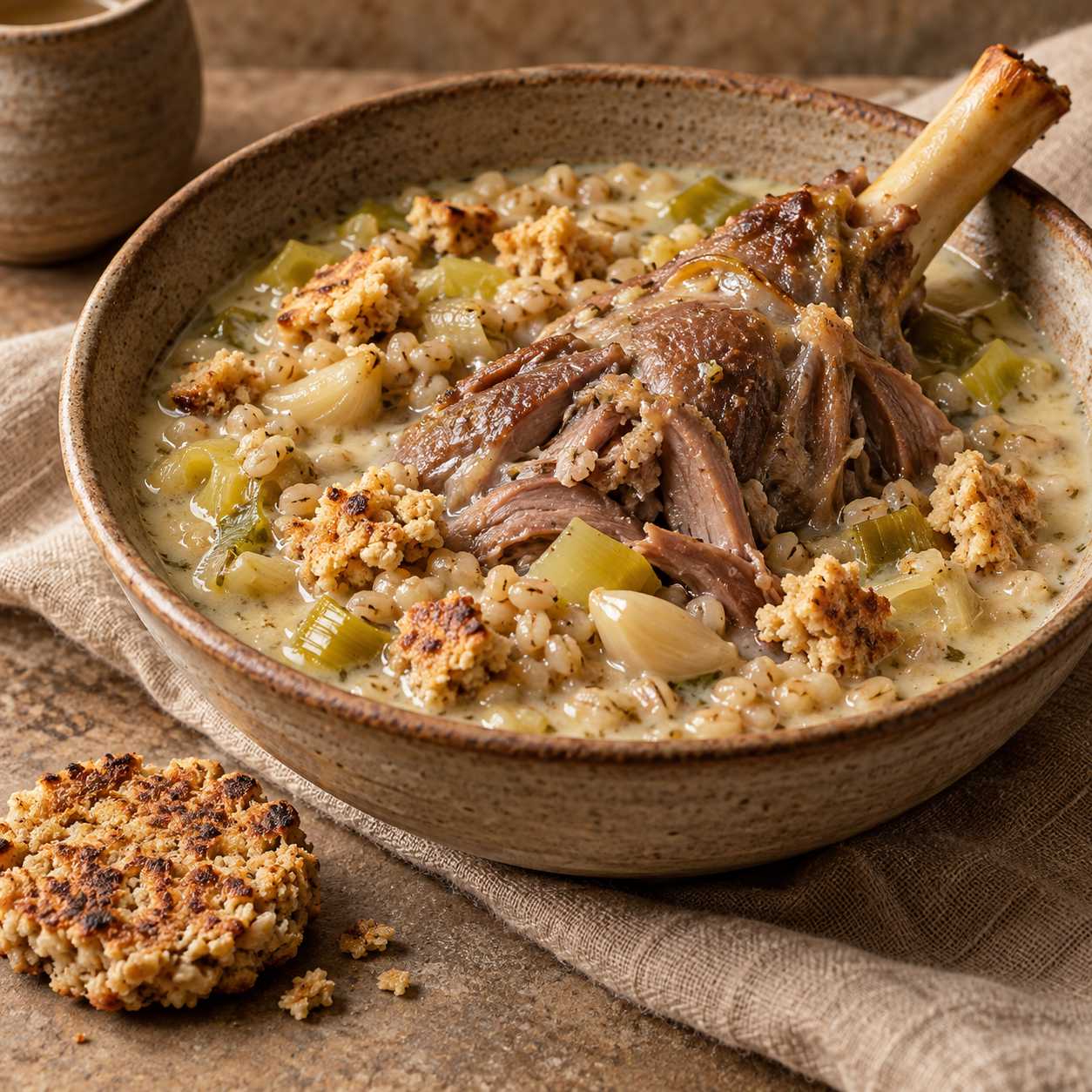 A lamb shank rests in a pale barley-and-milk braise beside a toasted grain cake.