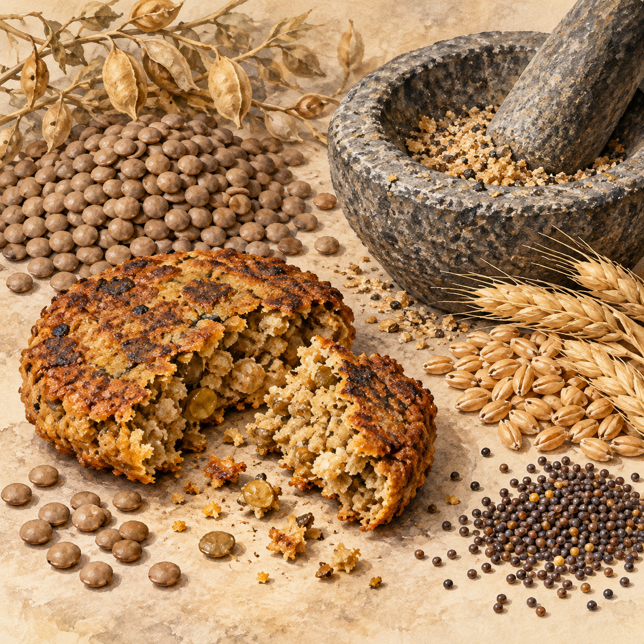 Broken coarse pulse cake beside lentils, grain and mustard seeds.