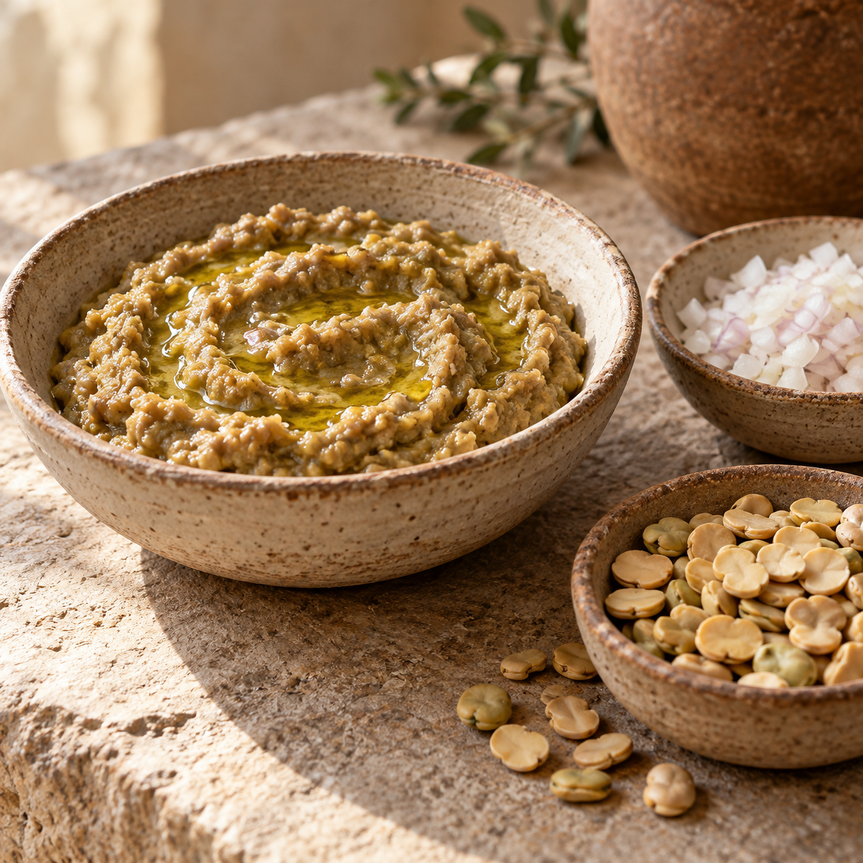 Thick fava-bean mash with an oil drizzle beside a dish of split beans.