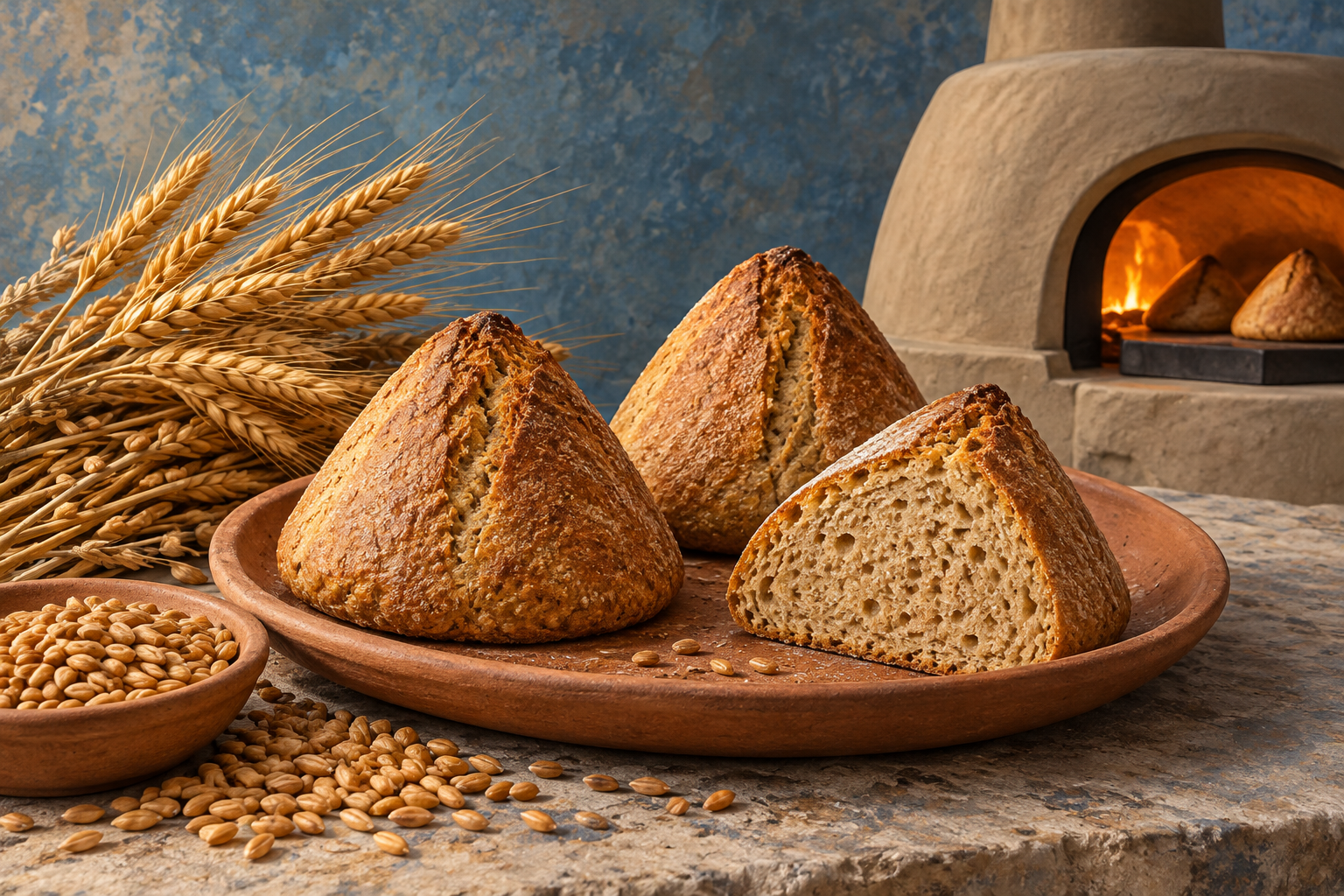 Three small conical brown loaves, one sliced to expose its crumb.