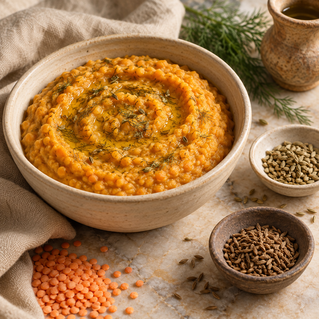Golden lentil purée with small dishes of anise and cumin nearby.