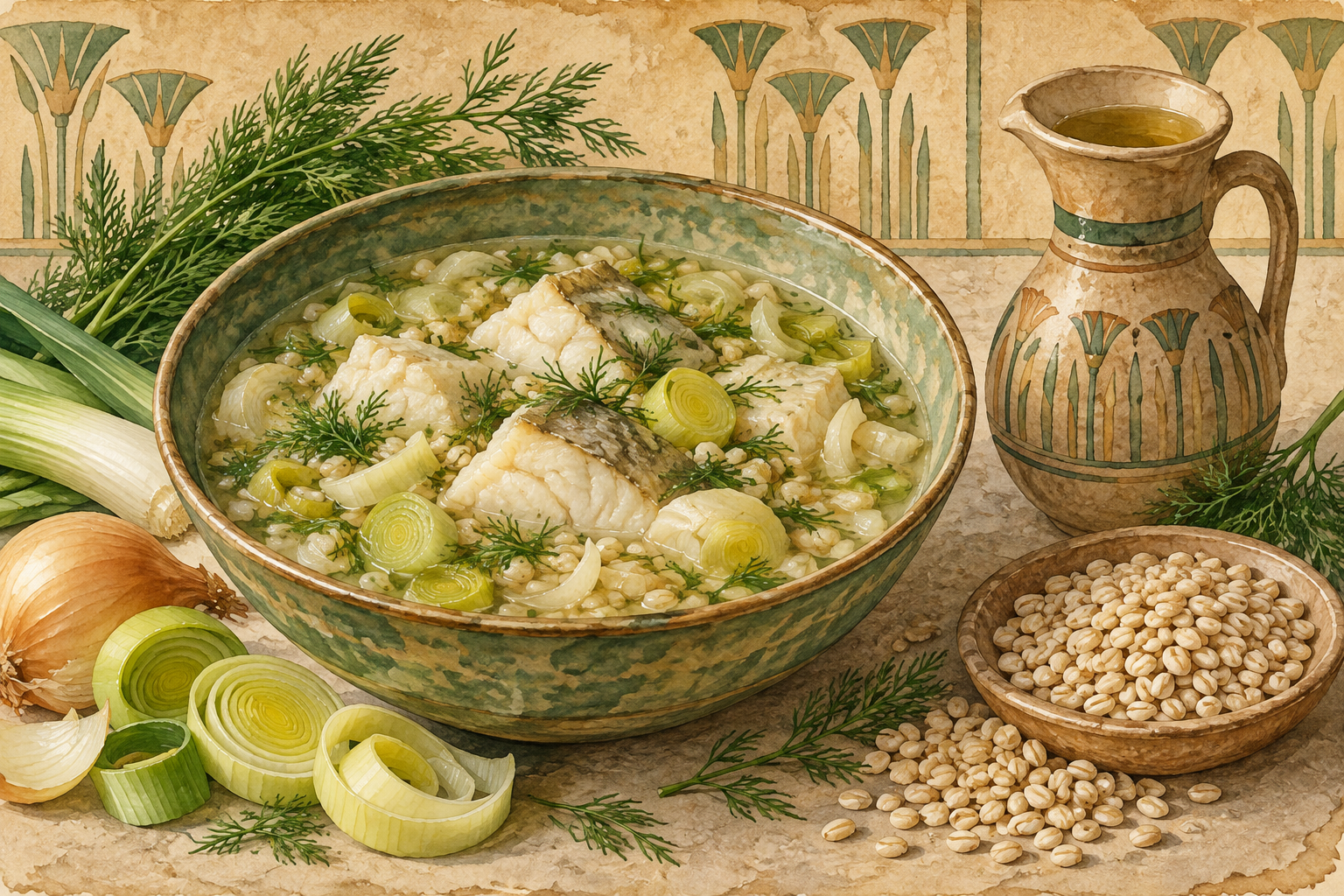 White-fish chunks and barley in a pale herb broth.