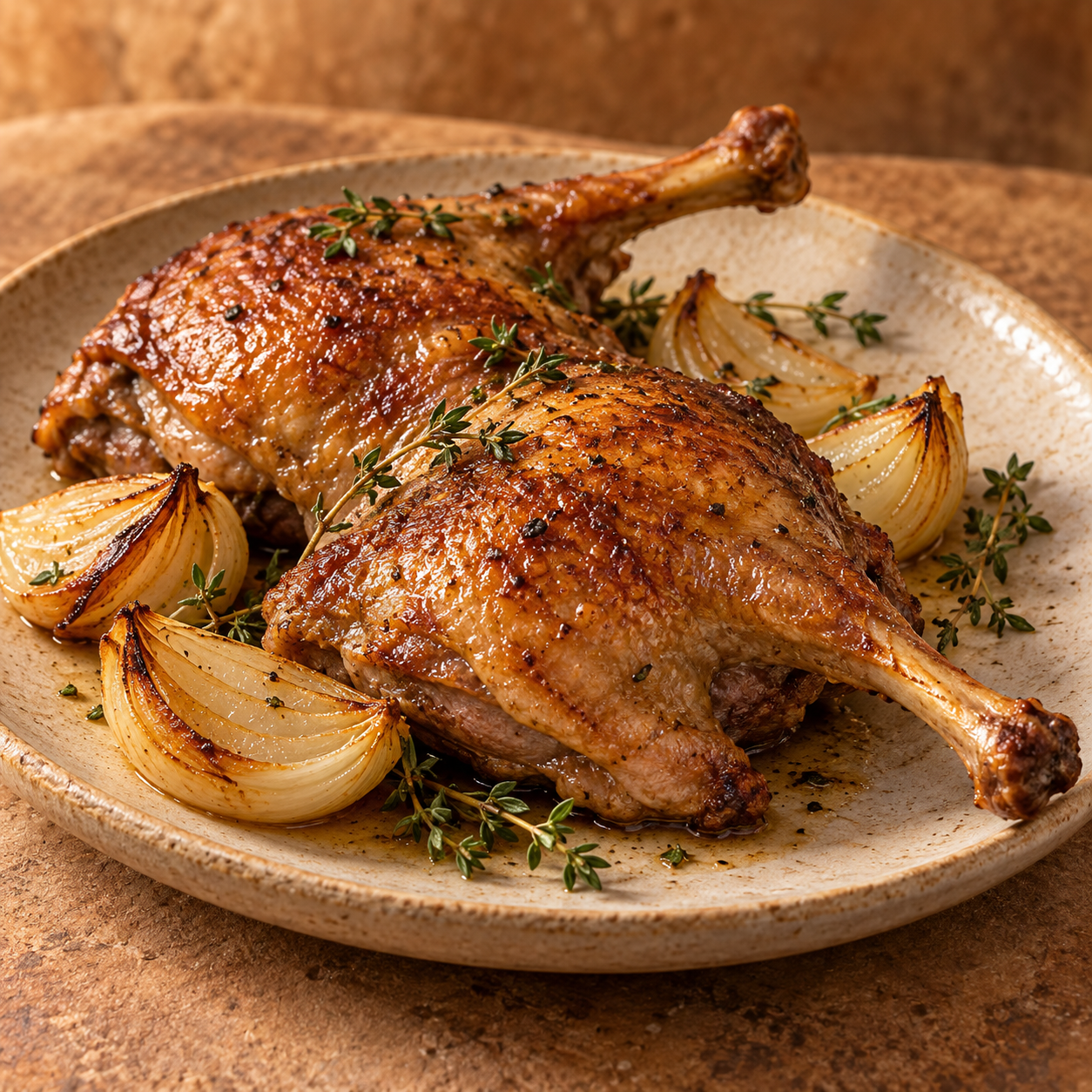 Two browned goose legs resting on roasted onion wedges.