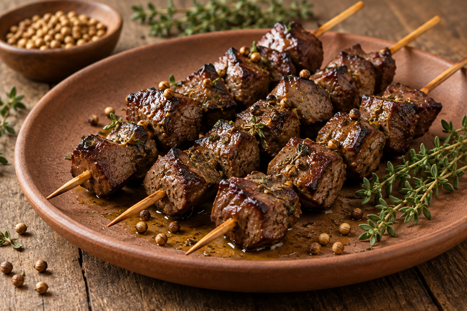 Brown cooked liver cubes on wooden skewers beside thyme and coriander.