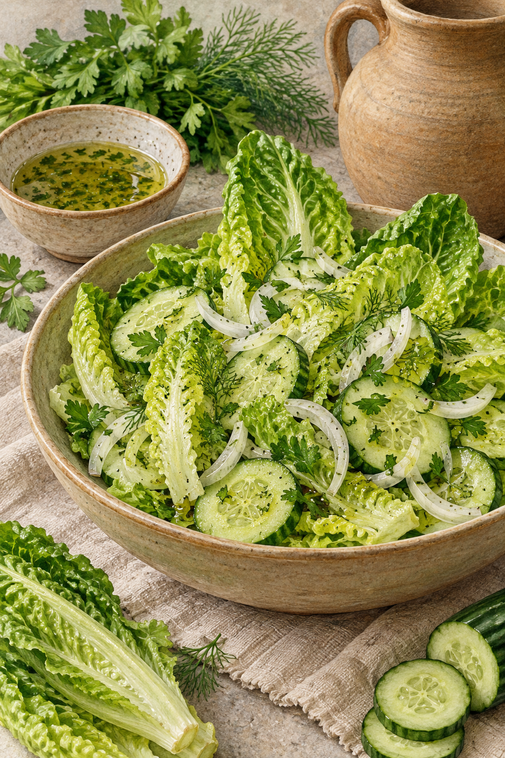 Long lettuce leaves, cucumber slices and onion with a small bowl of dressing.