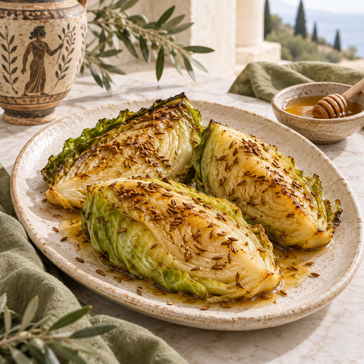 Tender green cabbage wedges coated in a light honey-and-mustard dressing.