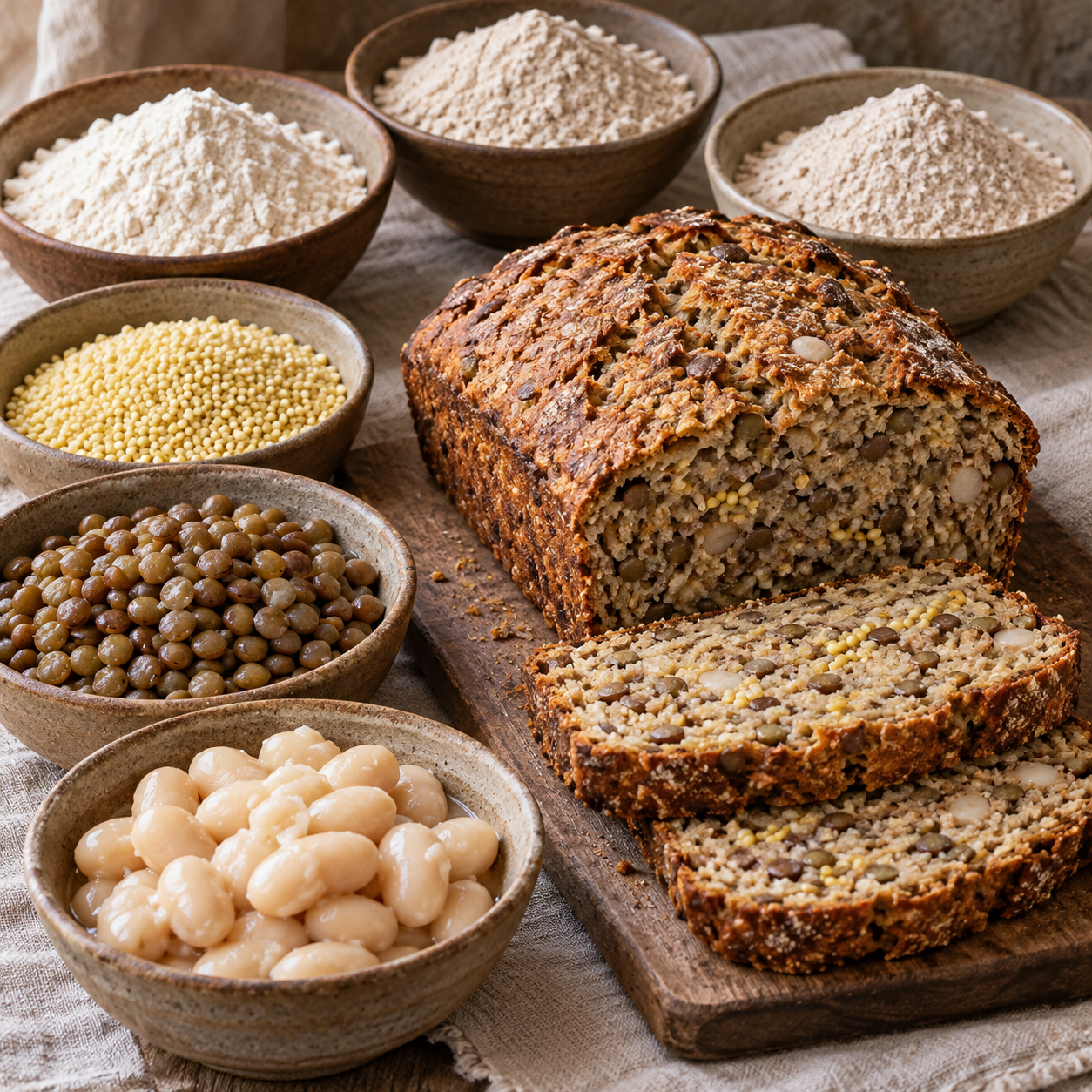 Sliced mixed-grain loaf with bowls of flours, millet and cooked pulses.