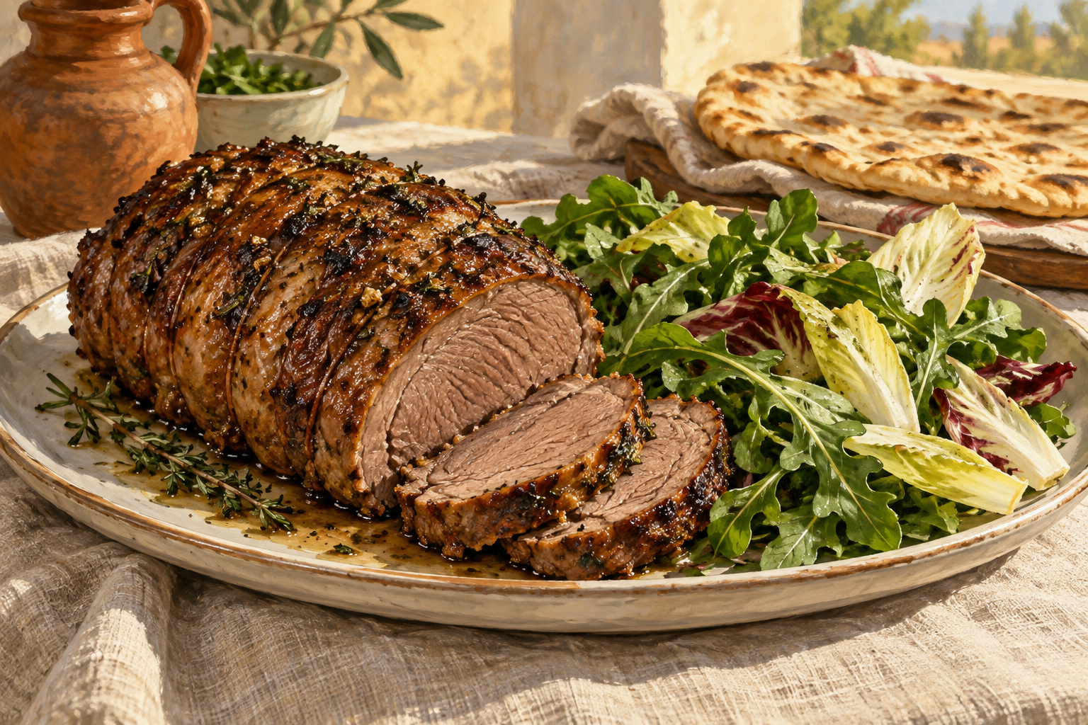 Sliced boneless roast lamb beside chicory and rocket greens and plain flatbread.
