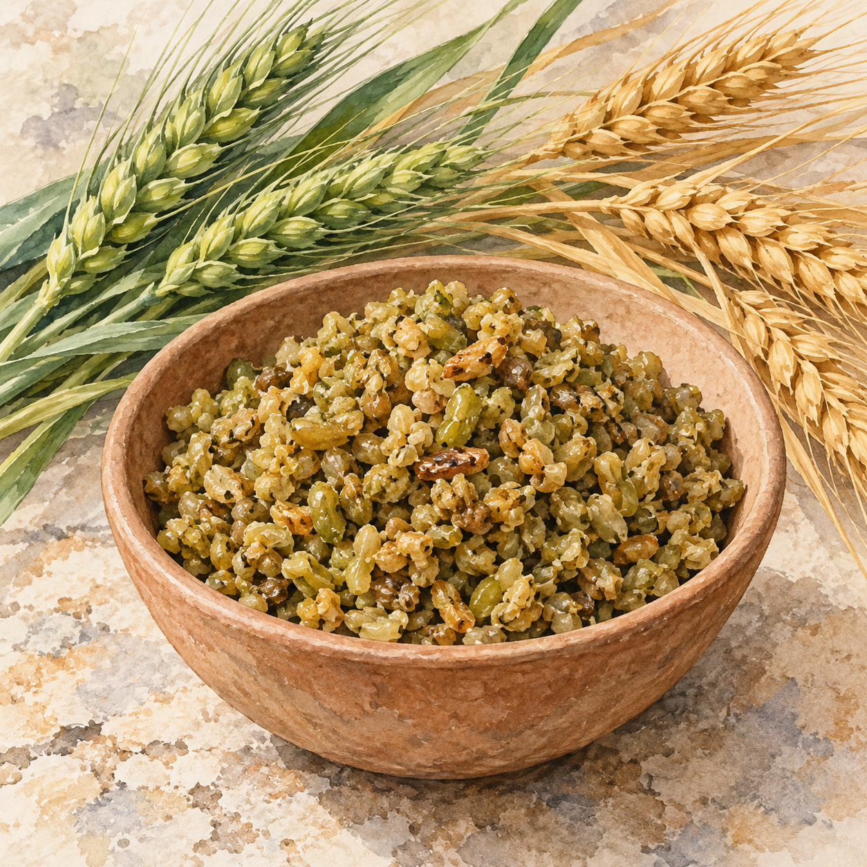 Cooked green-wheat grains in a bowl with green and ripe wheat ears.