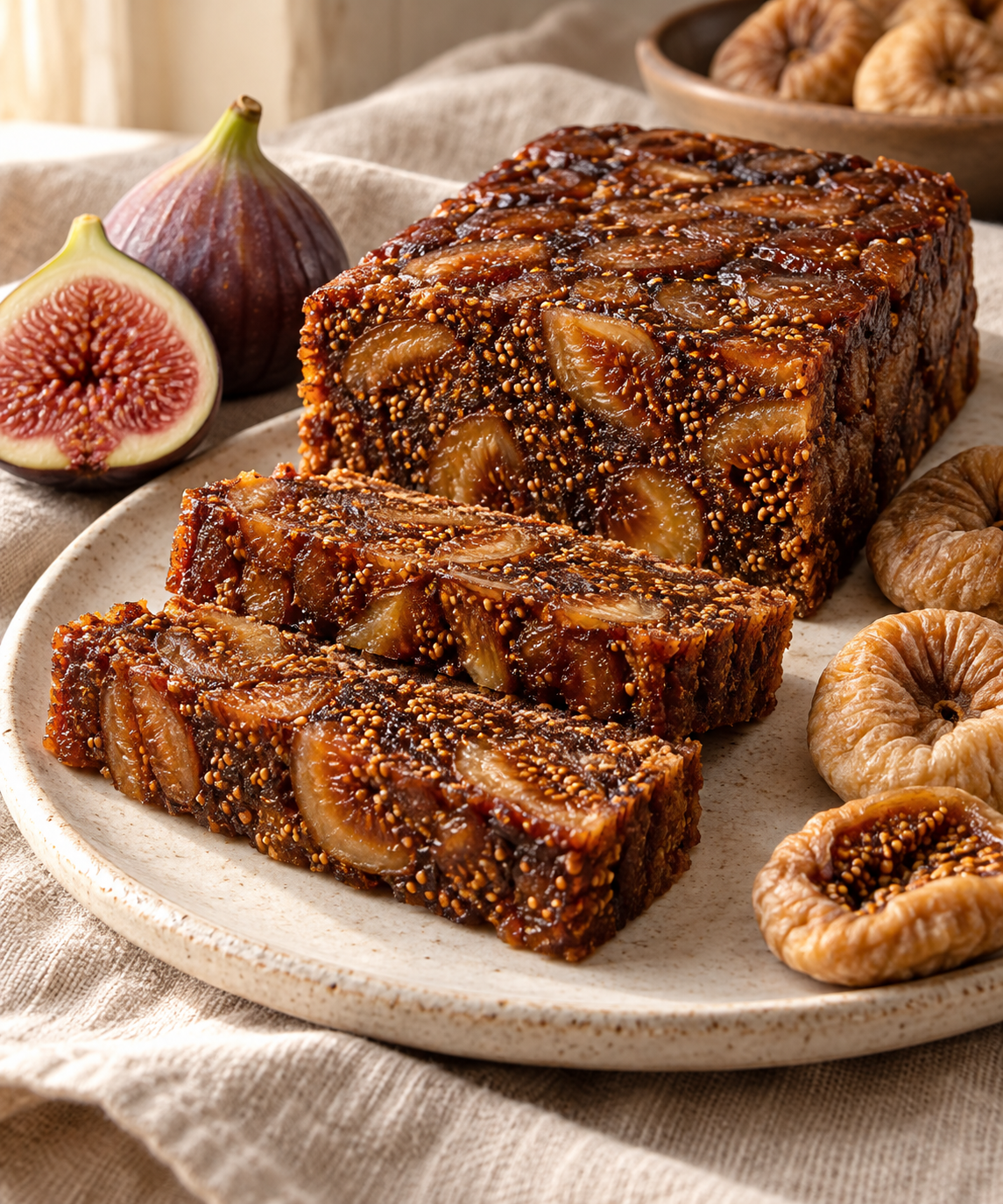 Thick slices of pressed fig cake with visible fig pieces and tiny seeds.