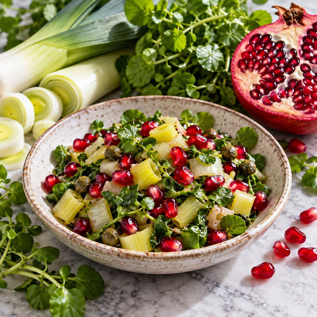 Green cress and leek relish dotted with ruby pomegranate arils.