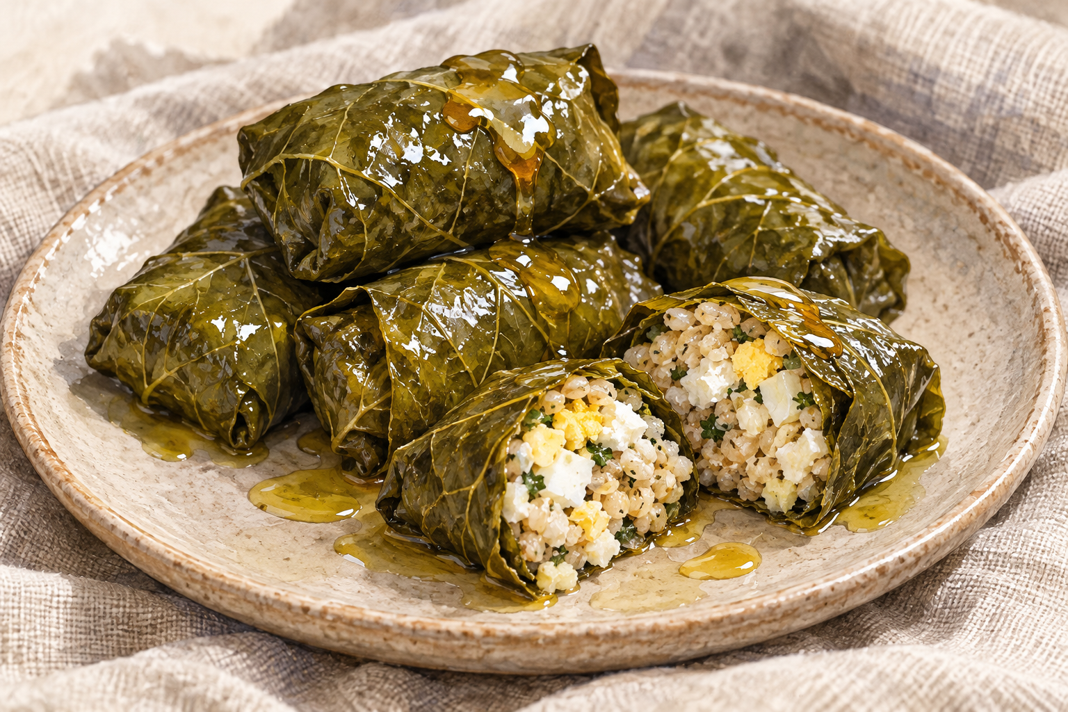 Small grape-leaf parcels, one opened to reveal cooked groats, cheese and egg.
