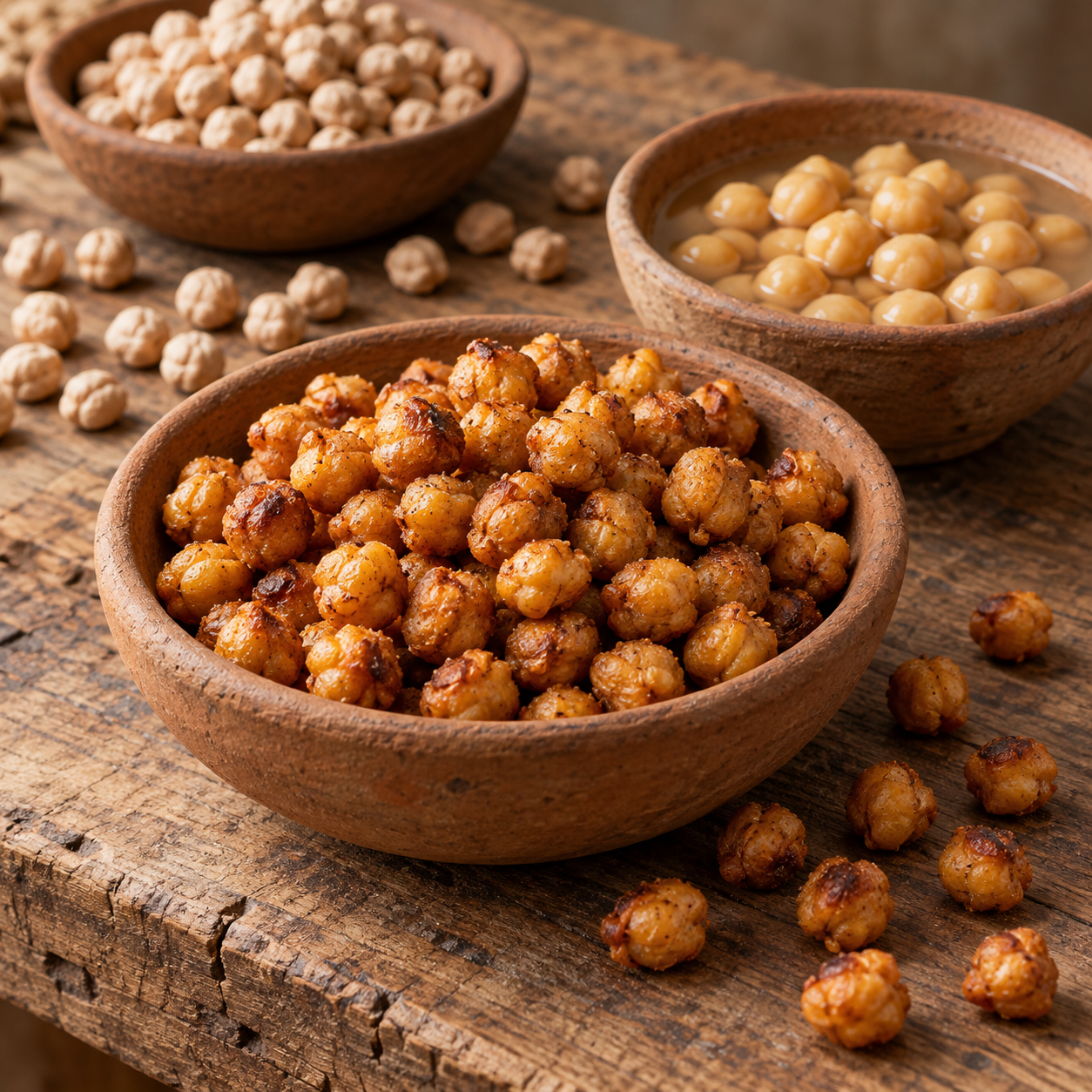 Golden roasted chickpeas with dry and cooked chickpeas shown in separate bowls.