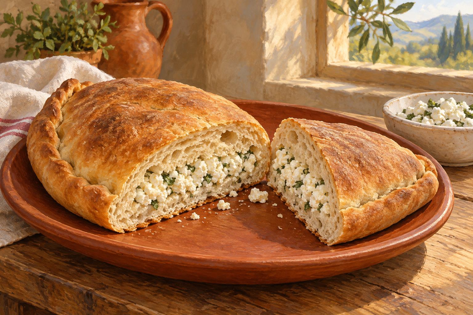 A sliced folded loaf reveals a thick layer of white cheese inside.