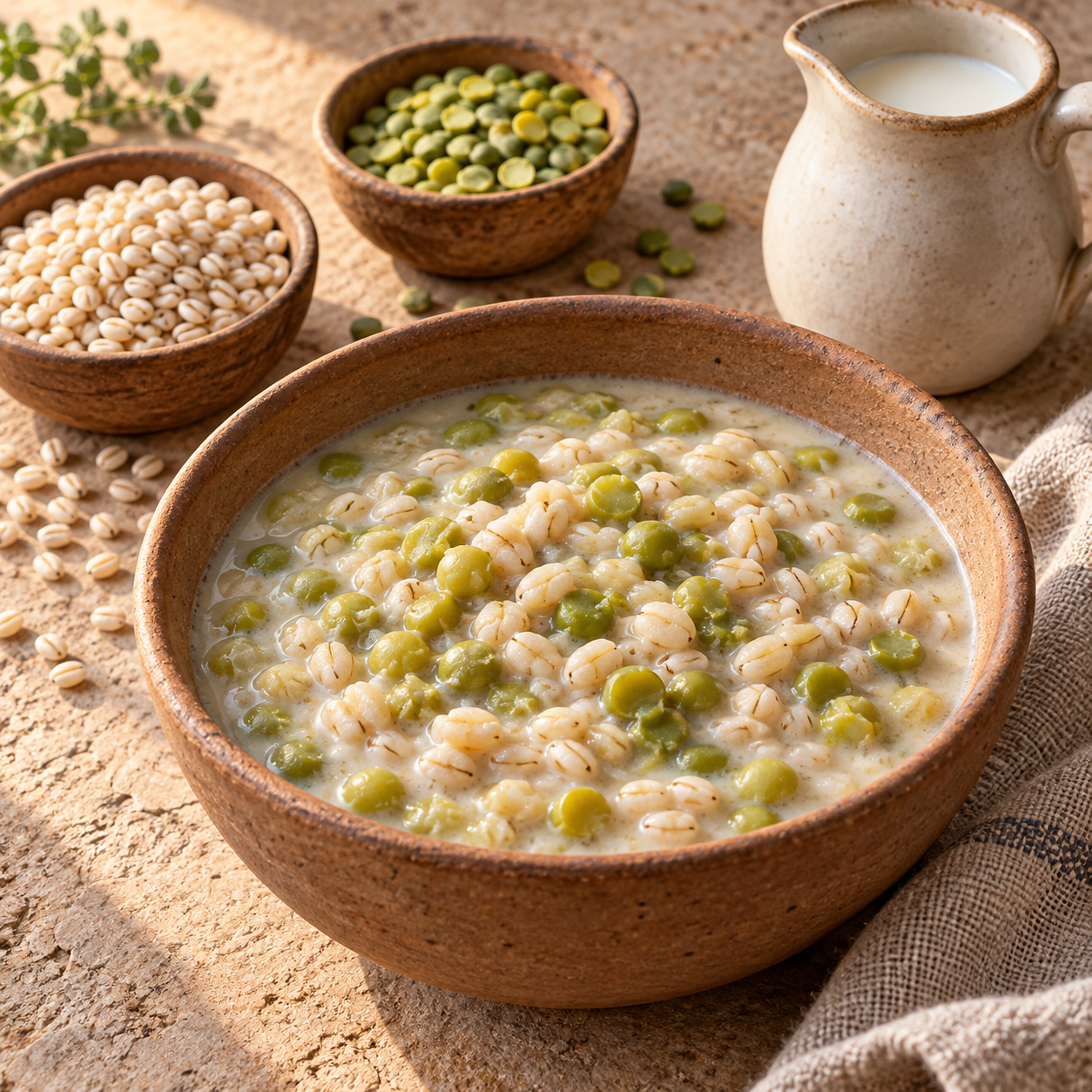 Cooked barley and split peas in pale milk broth, with dry grain and peas nearby.