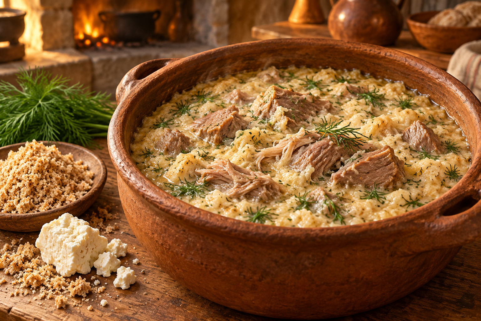 Tender lamb in a thick bread and cheese sauce flecked with dill.