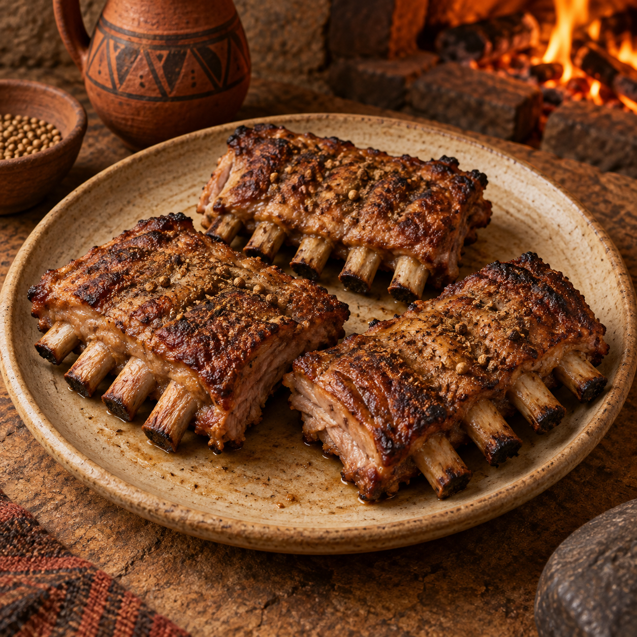 Browned cooked pork ribs arranged on a plain platter.