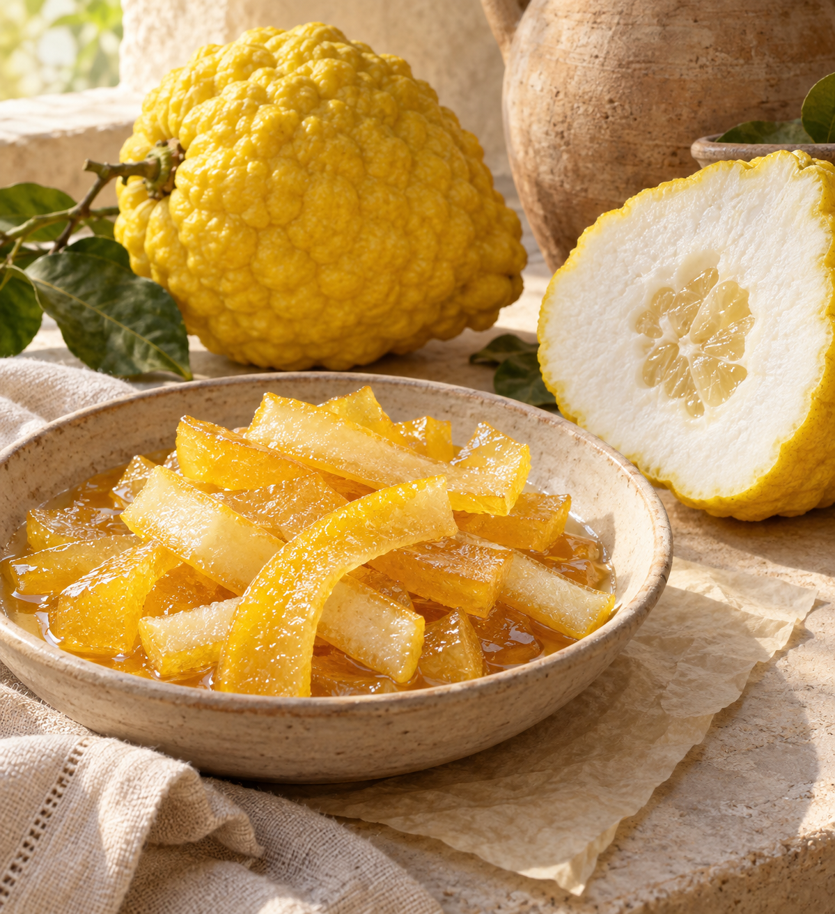 Tender citron peel strips in syrup beside a whole citron and its thick-pithed cut half.