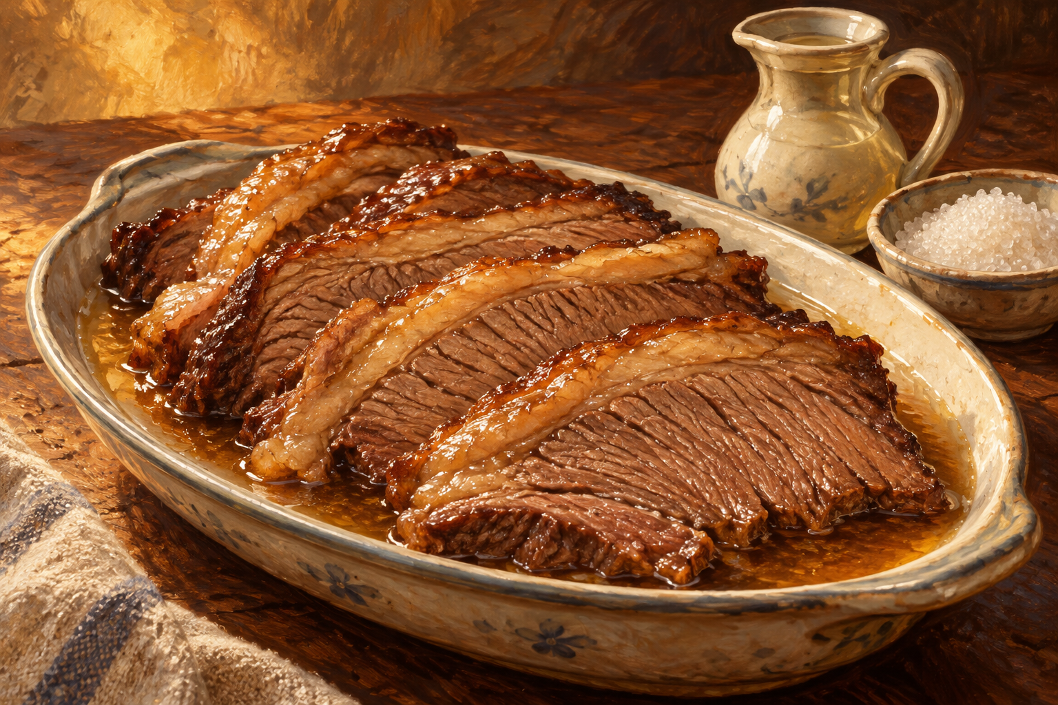 Sliced tender beef brisket with a light coating of braising juice.