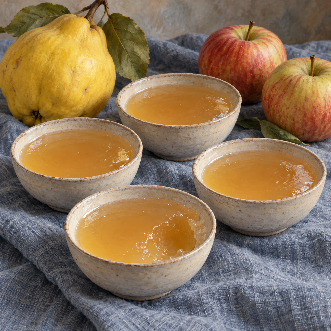 Four small bowls of soft apple-quince jelly beside apples and a quince.