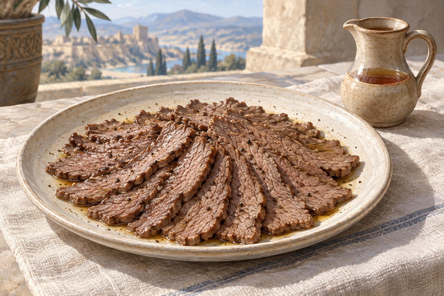 Thin slices of fully cooked cold beef with a light vinegar dressing.
