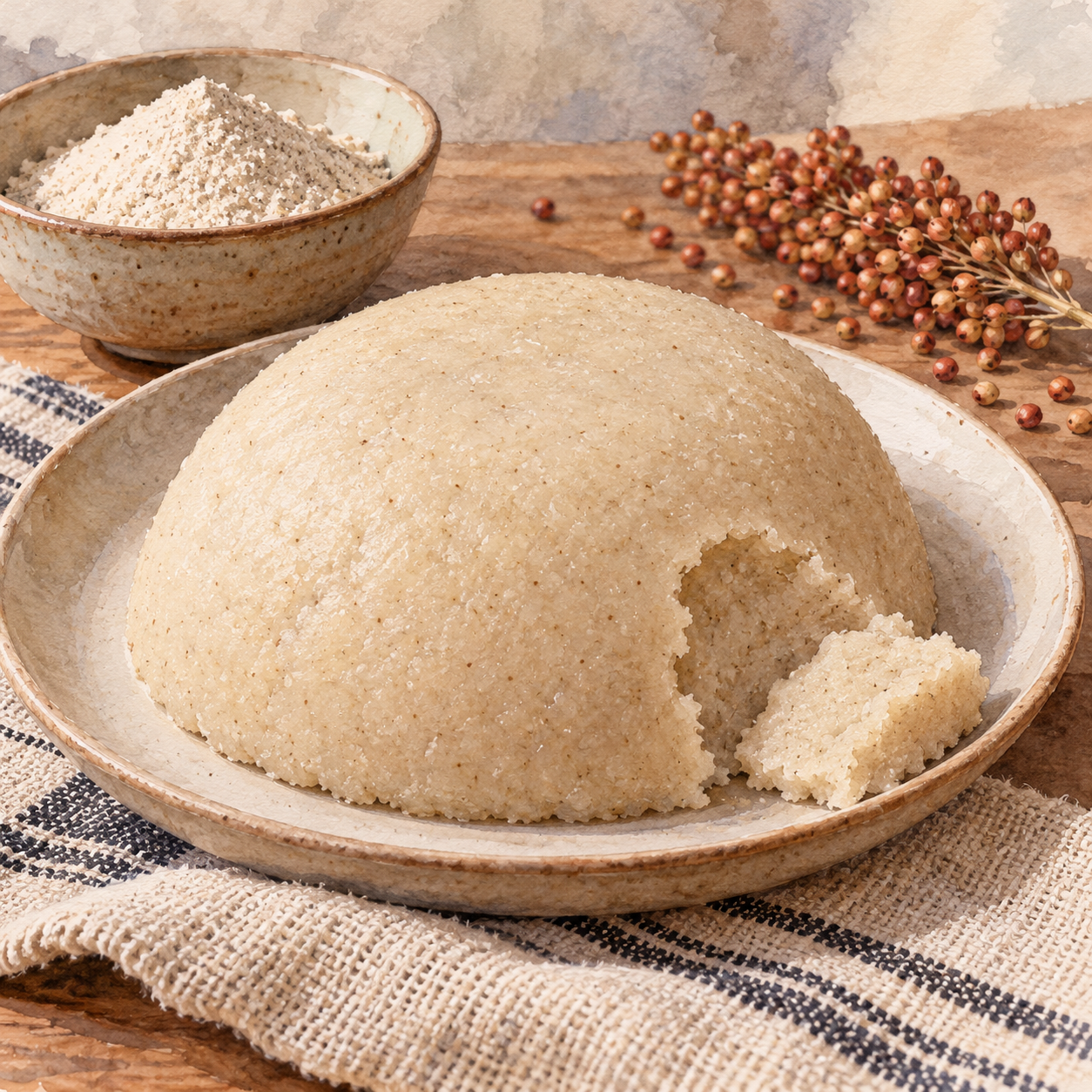 A firm beige sorghum porridge mound with a spooned portion removed, beside sorghum flour.