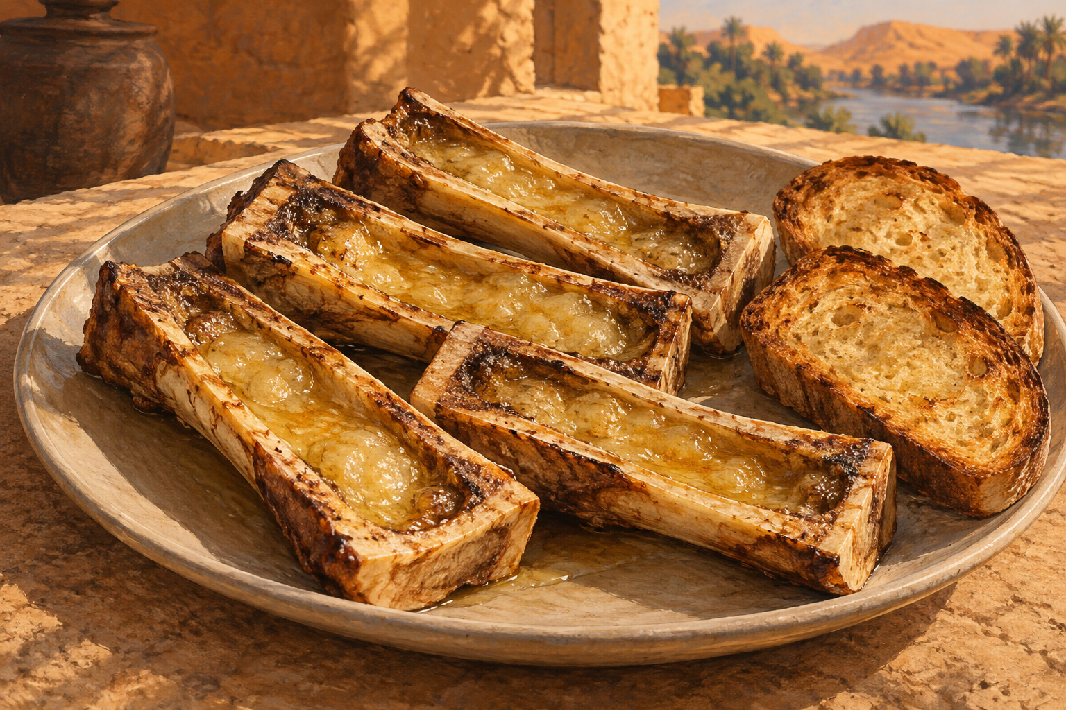 Roasted split marrow bones with softened golden marrow beside plain toast.