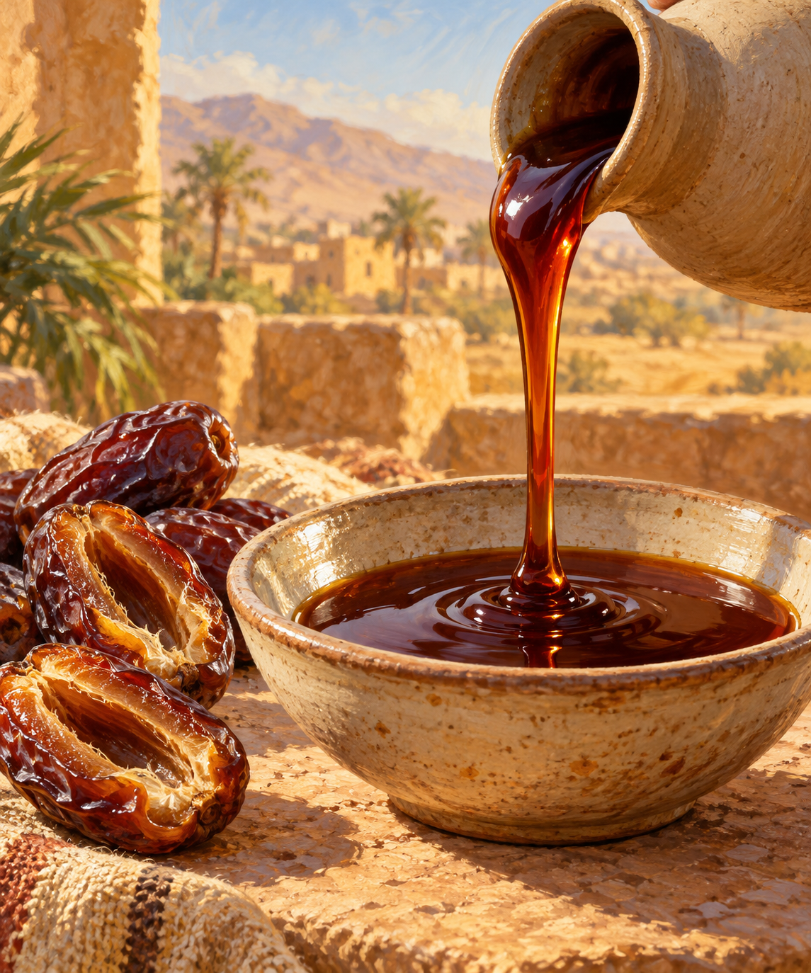 Dark amber date syrup falls in a ribbon from a pottery jug beside pitted dates.