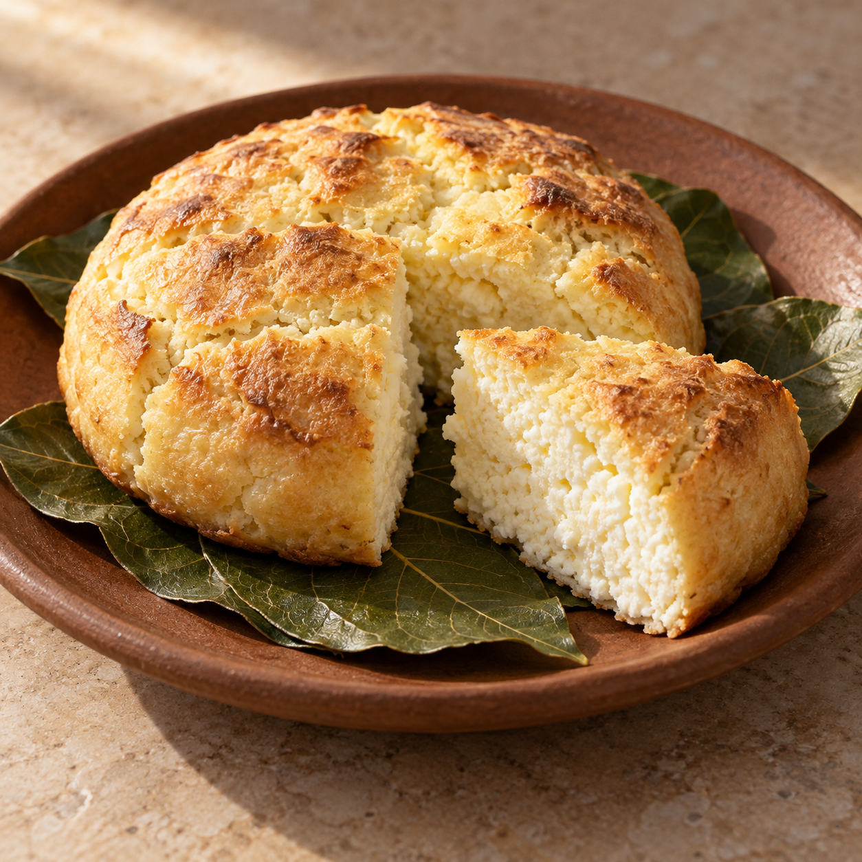 A round cheese loaf and cut wedge resting on bay leaves on an earthenware plate.