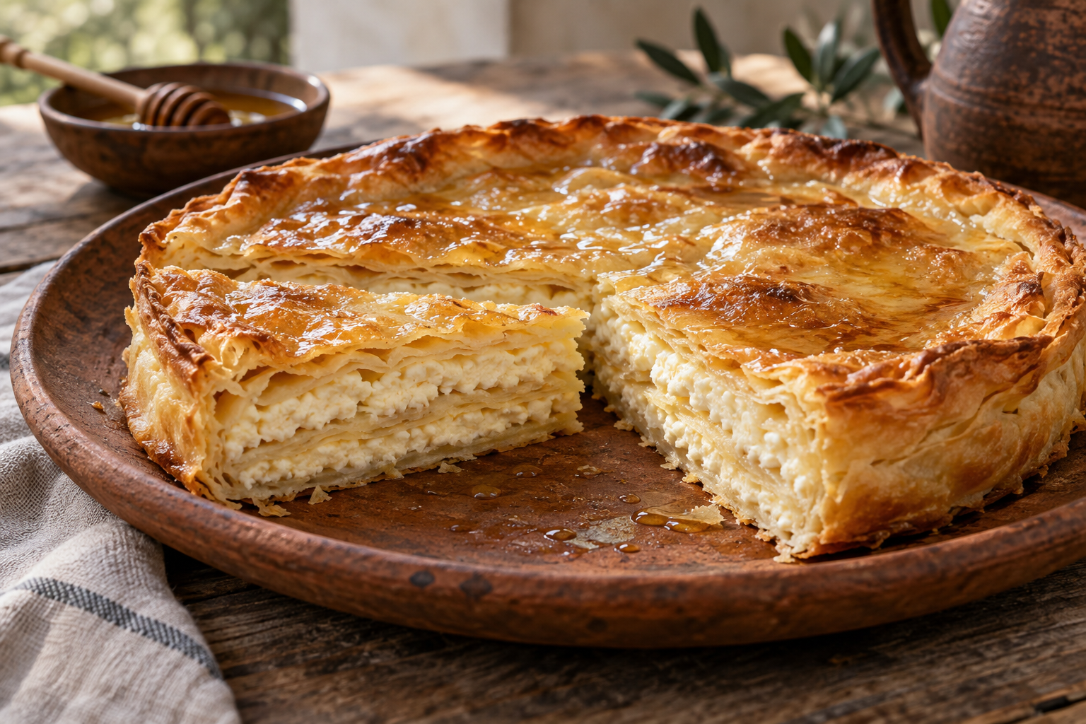 Cut layered cheese-and-honey pie showing alternating pale cheese and thin dough sheets.