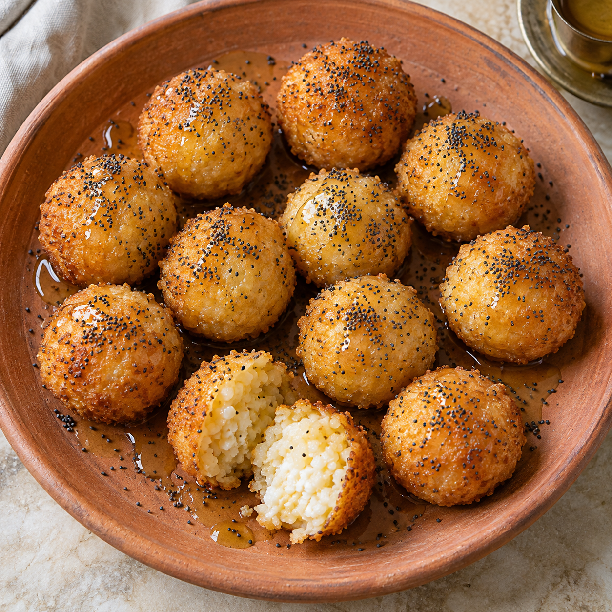 Golden cheese fritters with honey and poppy seeds, including one split fritter.