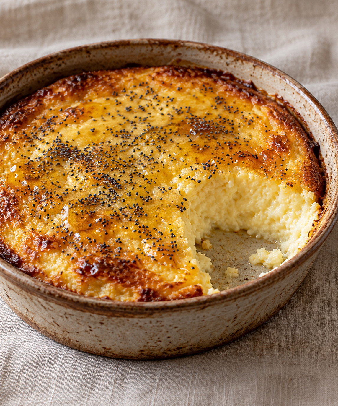 A shallow dish of soft honey cheesecake with poppy seeds and a spooned portion removed.