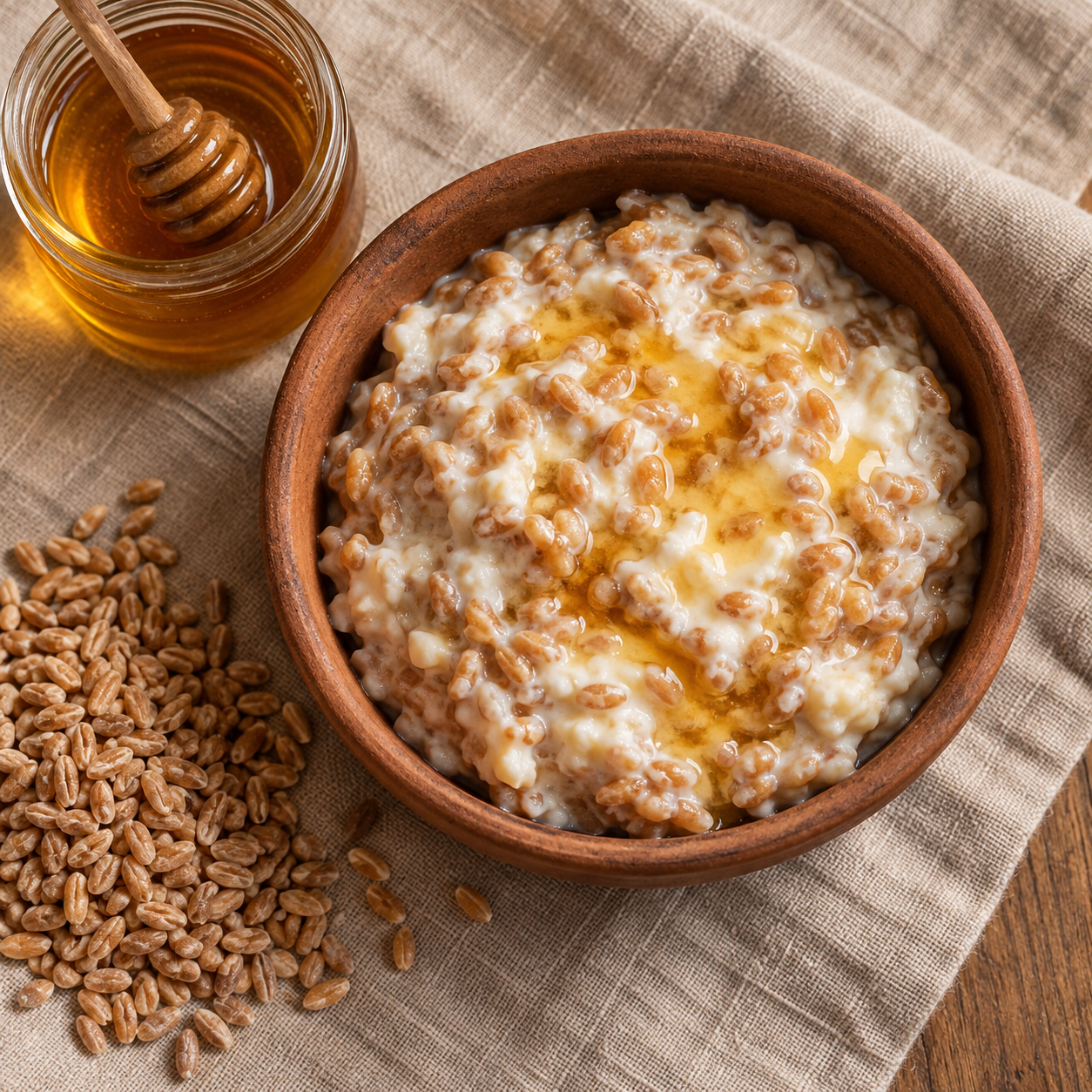 A creamy grain-and-cheese porridge with visible farro grains and a little honey.