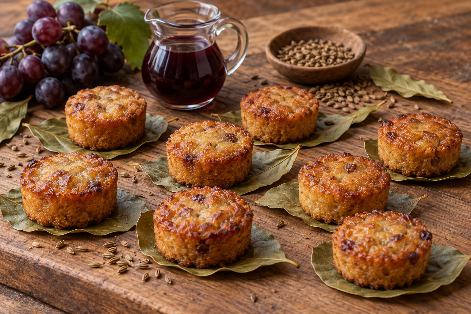 Small grape-must cakes on bay leaves beside anise seeds and grape juice.