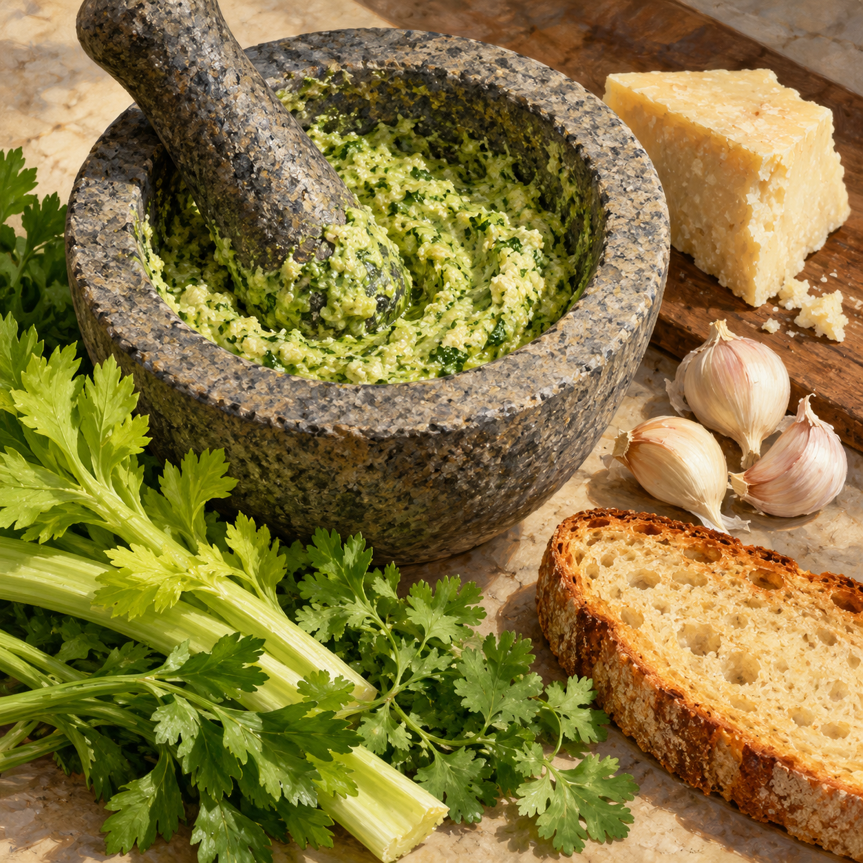 A mortar of green-flecked cheese spread beside garlic, herbs, sheep's cheese, and bread.