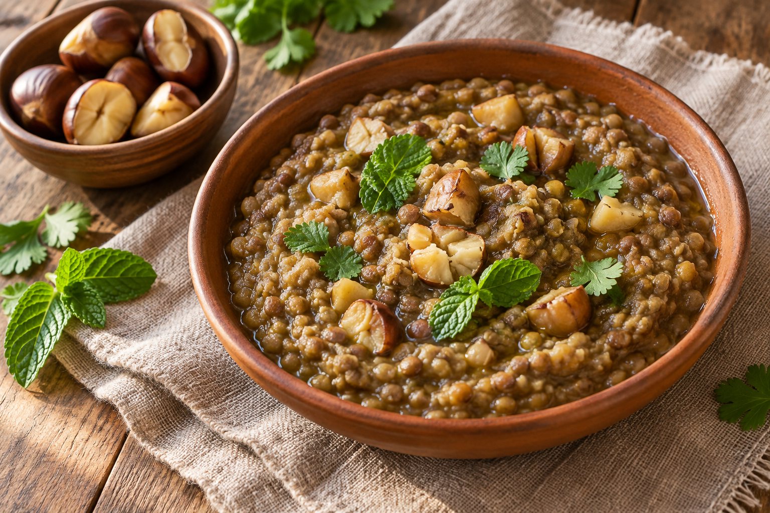 Thick lentils with chopped chestnuts and mint in a shallow bowl.