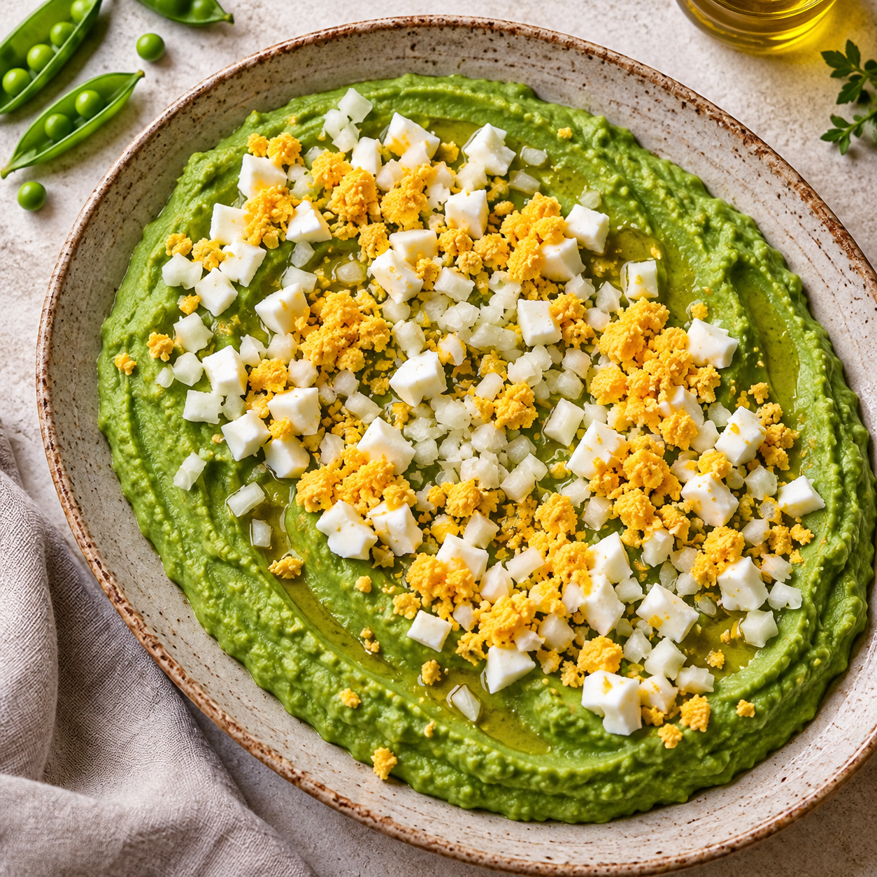 Green pea purée topped with chopped egg whites, onion, and separate golden yolk crumbs.