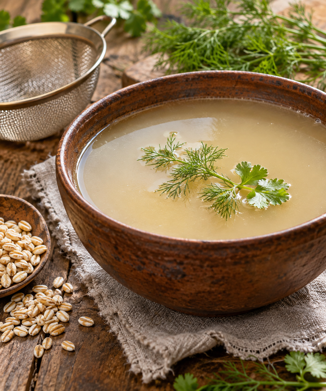 A bowl of smooth pale barley broth with a few dill and coriander leaves.