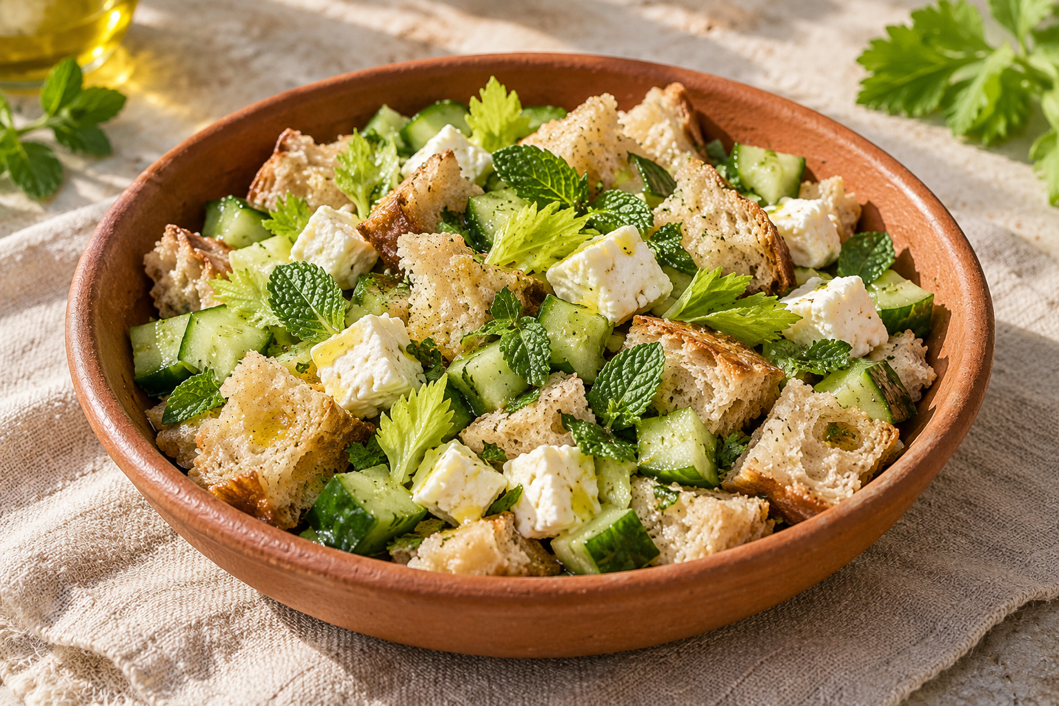 A bowl of moistened bread pieces, cucumber, fresh white cheese, and chopped herbs.